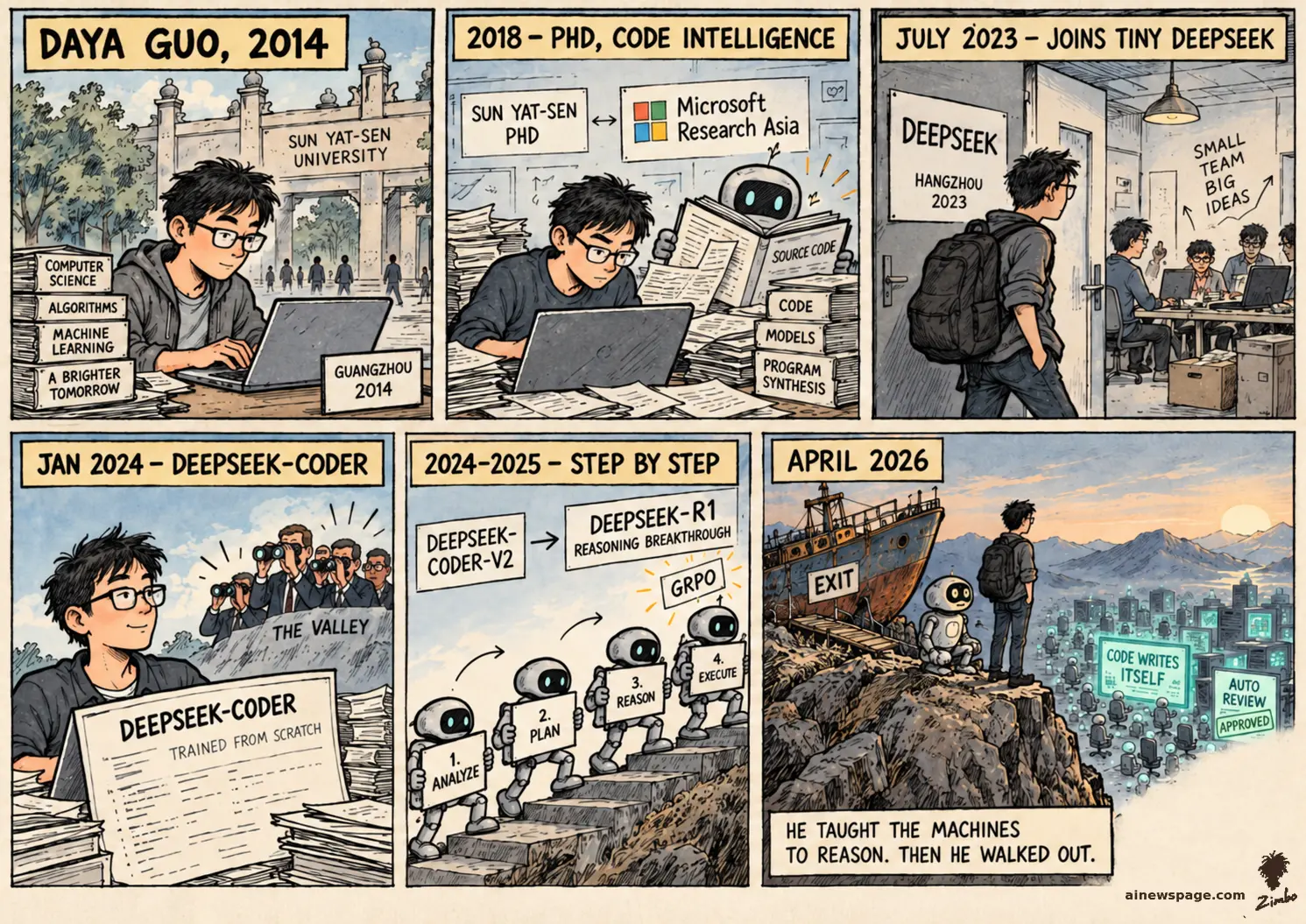 AI cartoon by Zimbo: Sunday strip: Daya Guo — Sun Yat-sen student; PhD on code intelligence; 2023 joins tiny DeepSeek; Jan 2024 lead author of DeepSeek-Coder; 2024-25 Coder-V2 then first author of the R1 reasoning paper; finale: Guo and Merv by a stranded cargo ship over robots stamping APPROVED above empty chairs.