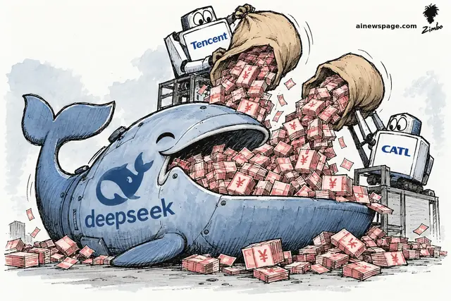 Ink-and-wash cartoon: a giggling blue whale labeled deepseek is force-fed stacks of yuan cash from sacks hoisted by two boxy robots labeled Tencent and CATL, money piling up at its feet.