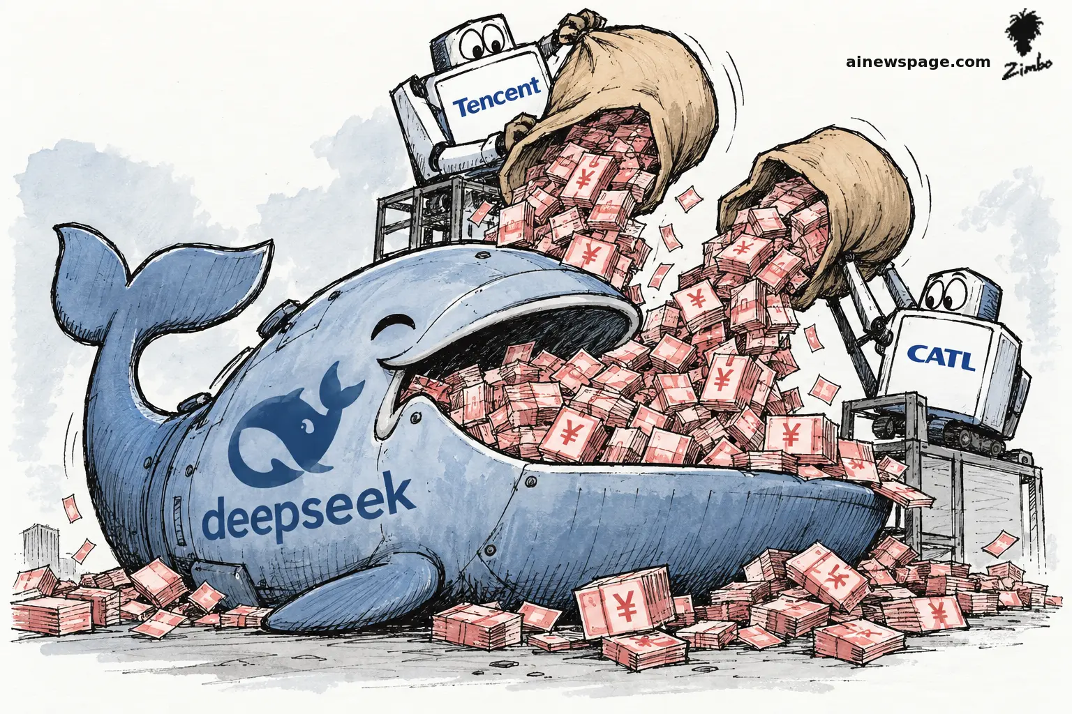 AI cartoon by Zimbo: Ink-and-wash cartoon: a giggling blue whale labeled deepseek is force-fed stacks of yuan cash from sacks hoisted by two boxy robots labeled Tencent and CATL, money piling up at its feet.