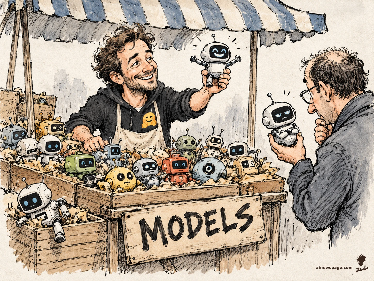 AI cartoon by Zimbo: Satirical cartoon: Hugging Face CEO Clément Delangue, in a vendor apron, holds a little robot aloft like a prize tomato behind a market stall heaped with robot models; a customer examines one. Stall sign reads MODELS.