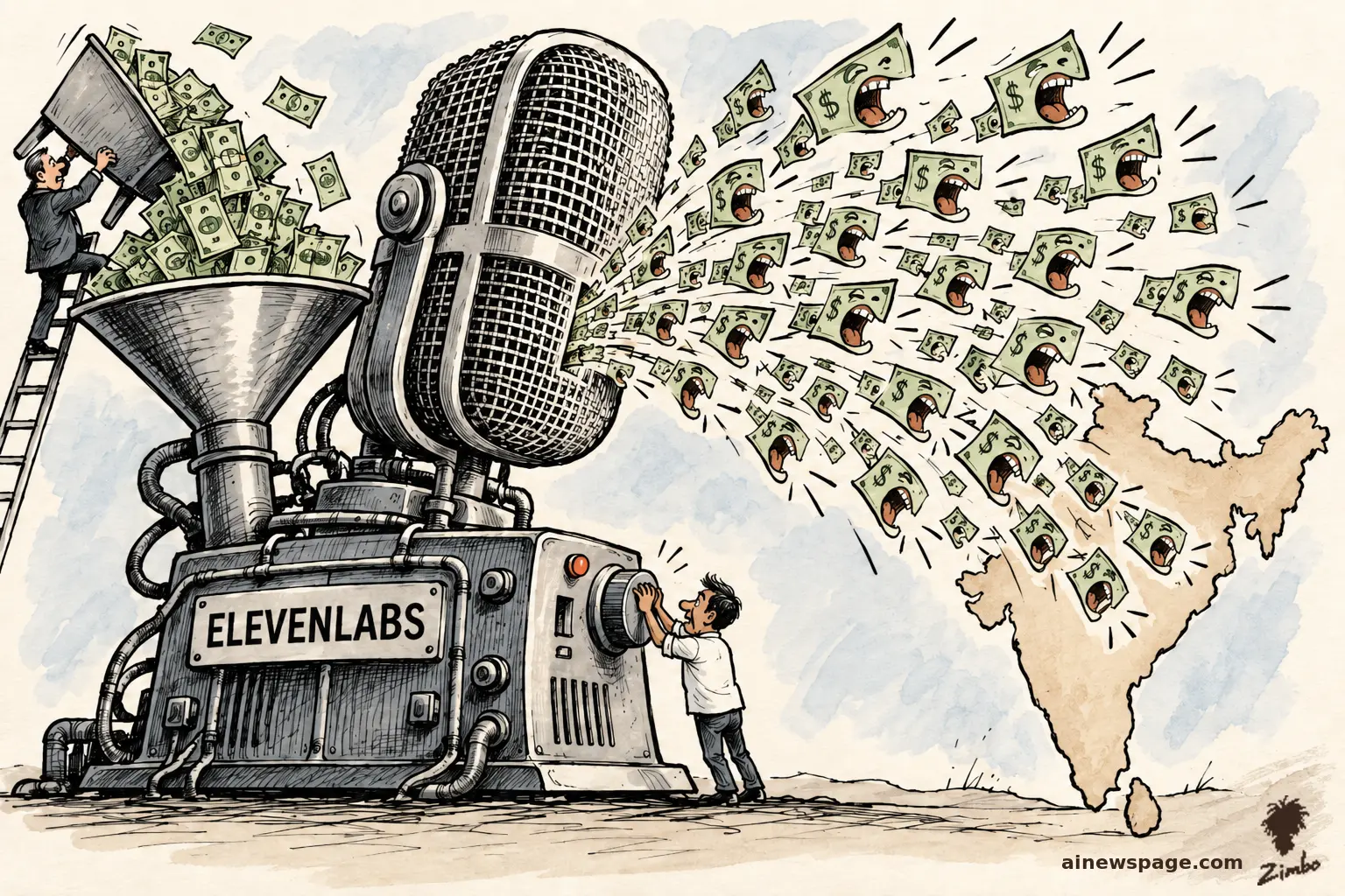 AI cartoon by Zimbo: Ink-and-wash cartoon: a giant vintage ELEVENLABS microphone machine pours screaming dollar bills into an outline map of India while a tiny engineer fights a volume knob.