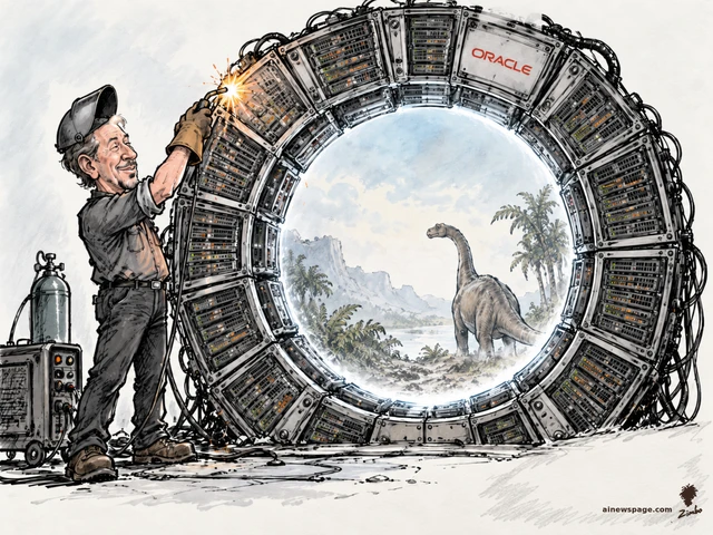 Satirical cartoon: Larry Ellison in work gear welds Oracle database server racks into a glowing ring portal; through it, a sauropod dinosaur stands in a prehistoric landscape.