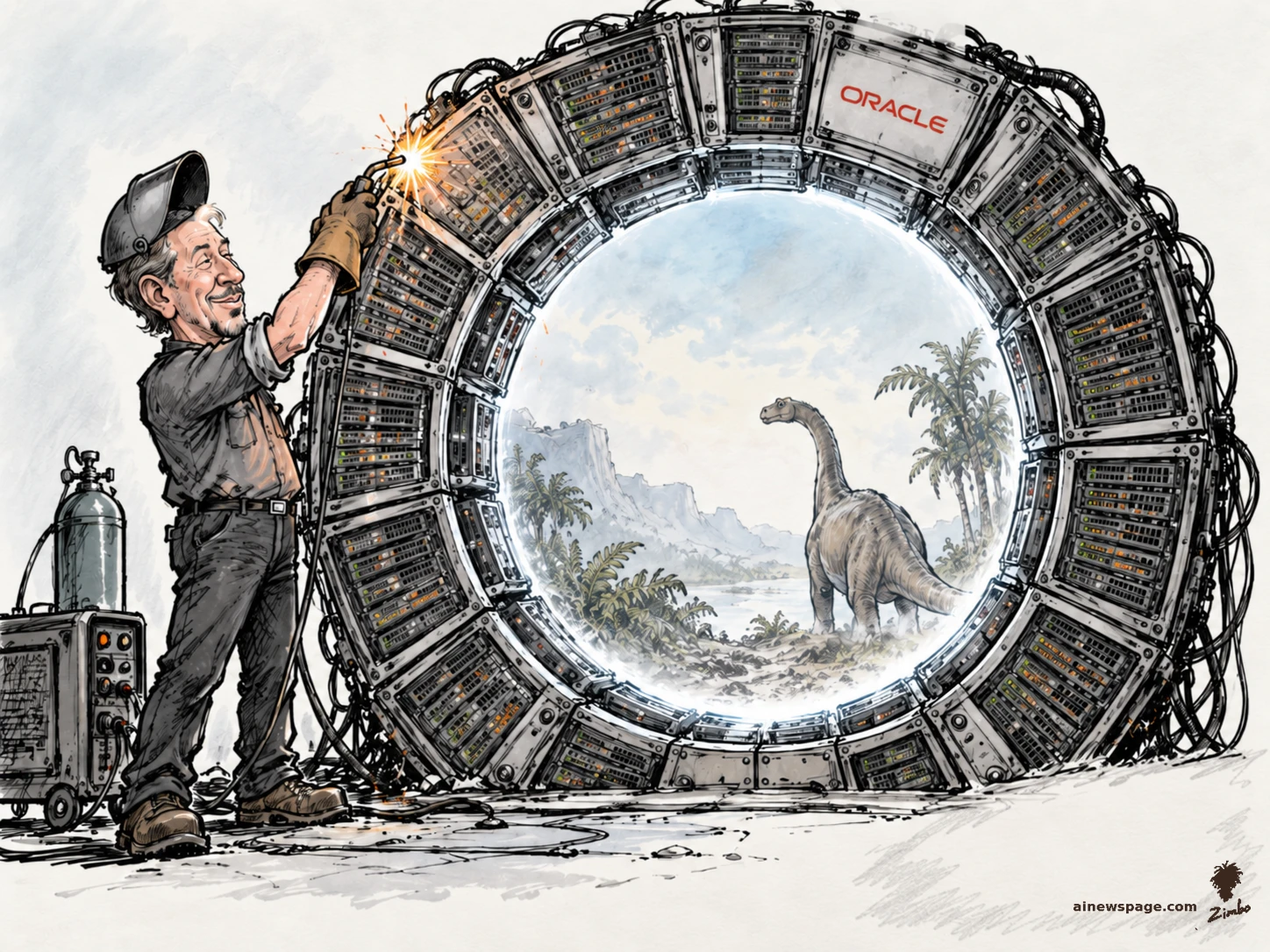 AI cartoon by Zimbo: Satirical cartoon: Larry Ellison in work gear welds Oracle database server racks into a glowing ring portal; through it, a sauropod dinosaur stands in a prehistoric landscape.
