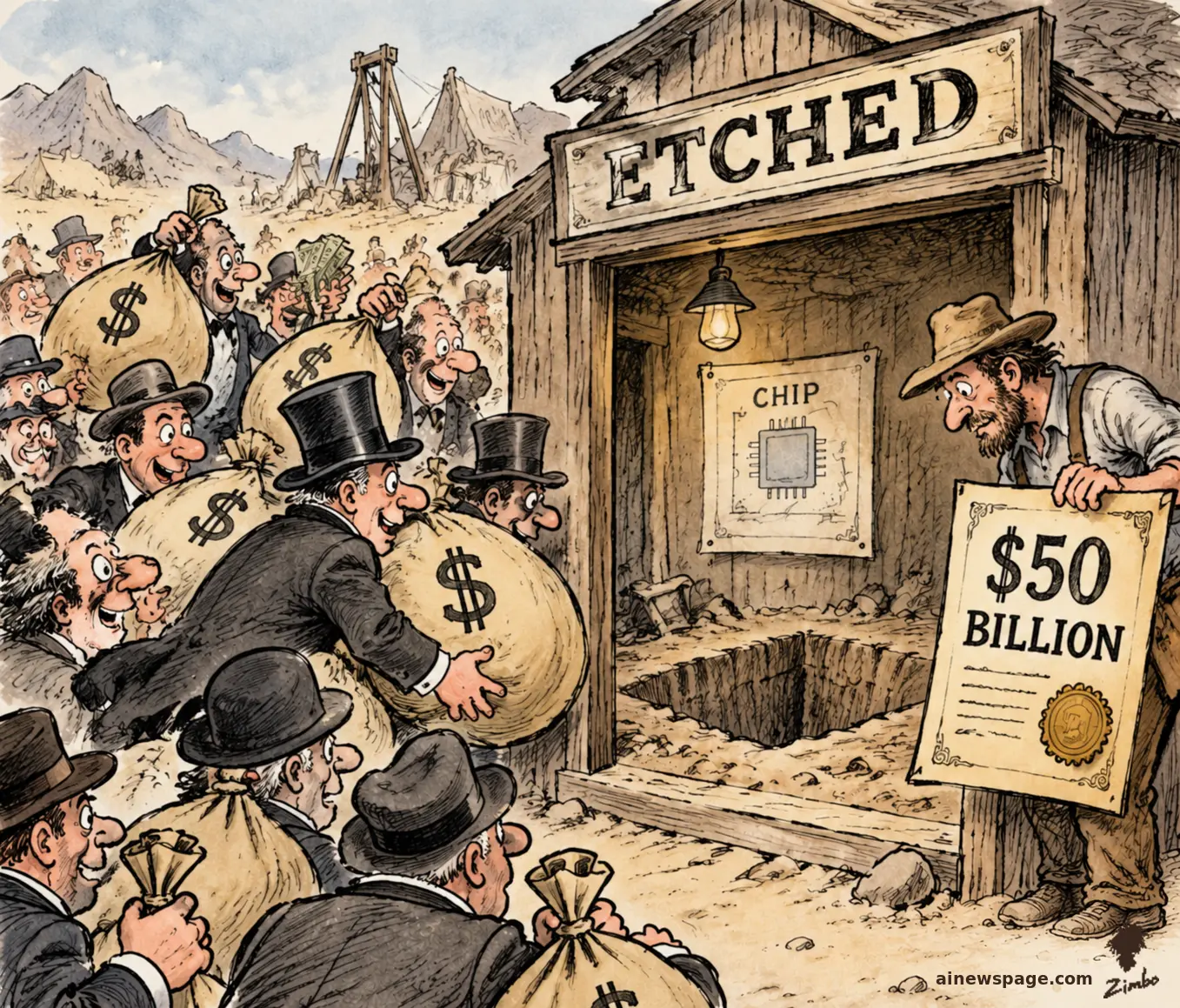 AI cartoon by Zimbo: Satirical cartoon: top-hatted investors haul money bags stampeding into a tiny wooden ETCHED claim office that contains only an empty pit and a CHIP blueprint poster, while a lone miner outside holds up a $50 BILLION certificate.