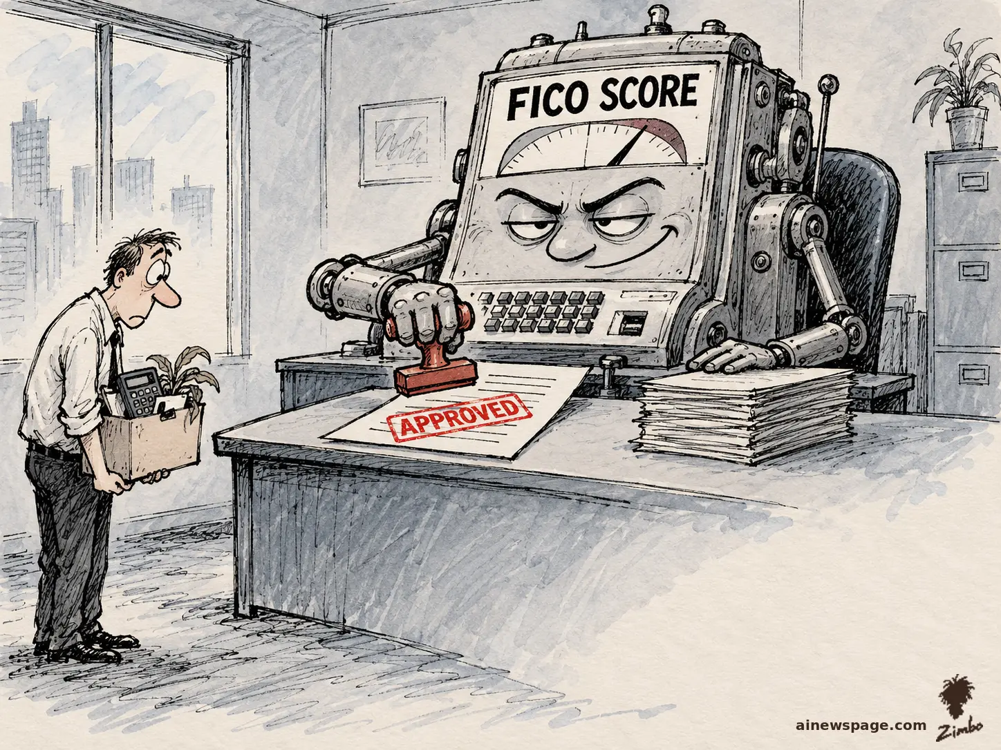 AI cartoon by Zimbo: Satirical cartoon: a giant scowling 'FICO SCORE' machine, its gauge needle in the red zone, sits at a desk stamping 'APPROVED' on a document while a bewildered fired employee stands beside it holding a cardboard box of desk belongings.