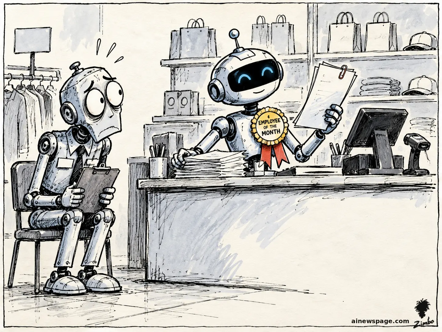 AI cartoon by Zimbo: Satirical cartoon: Merv the worried retro robot manager sits in an employee chair clutching a clipboard while a cheerful robot clerk behind the checkout counter wears a gold EMPLOYEE OF THE MONTH badge and reviews a stack of store reports — the AI now runs the shop.