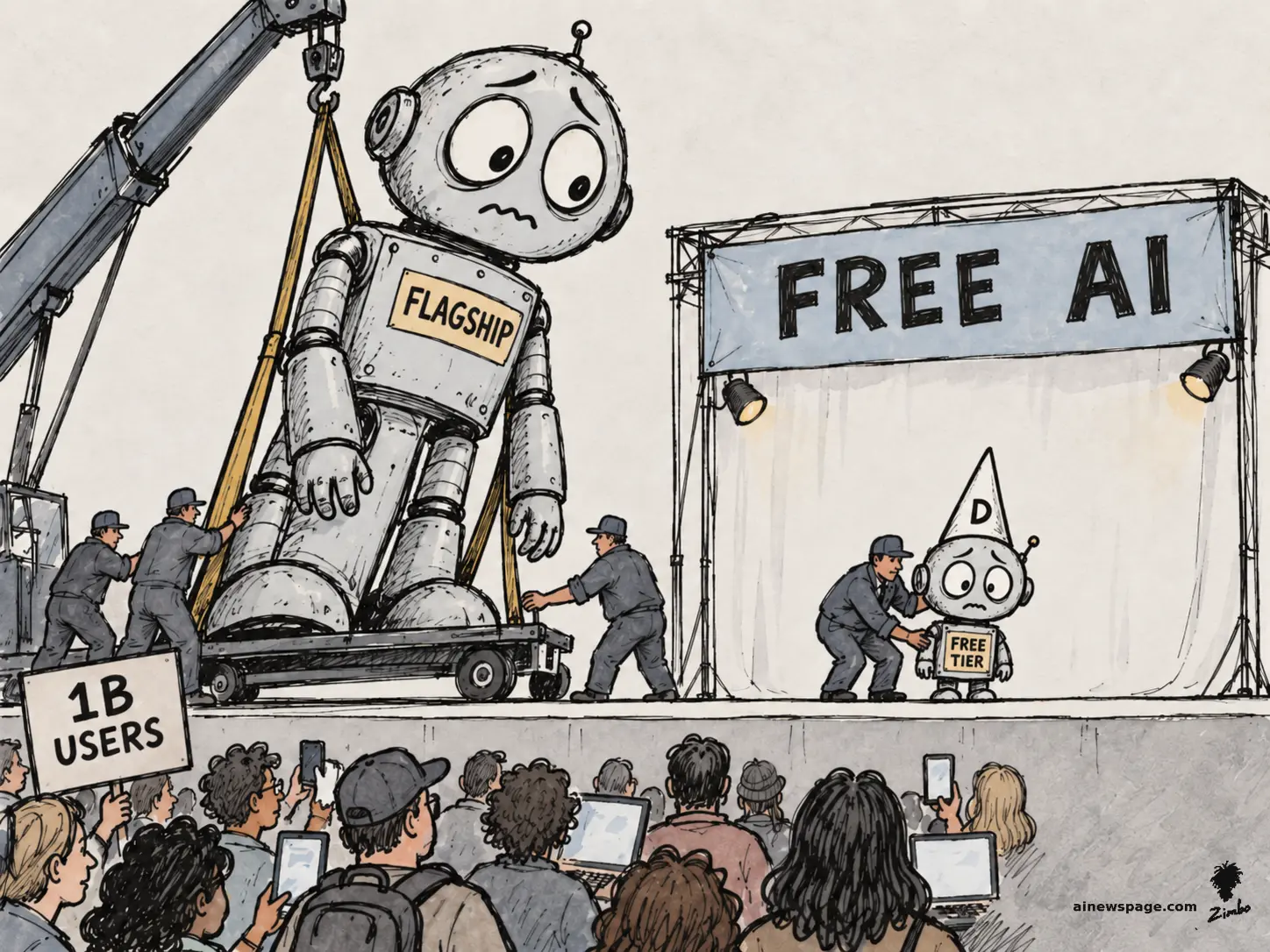 AI cartoon by Zimbo: Satirical cartoon: workers wheel a giant worried FLAGSHIP robot off a stage on a dolly while a tiny dunce-capped FREE TIER robot takes the spotlight under a FREE AI banner before a crowd holding a 1B USERS sign.