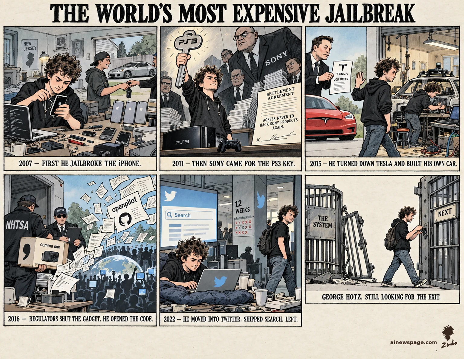 AI cartoon by Zimbo: Six-panel strip: teen Hotz jailbreaks the iPhone, 350Z in the driveway; brandishes the PS3 key at Sony's lawyers; waves off Musk's Tesla offer; NHTSA seizes the comma one as openpilot pages fly free; codes Twitter search at HQ; kicker: past a cage labeled THE SYSTEM, picking the next lock.