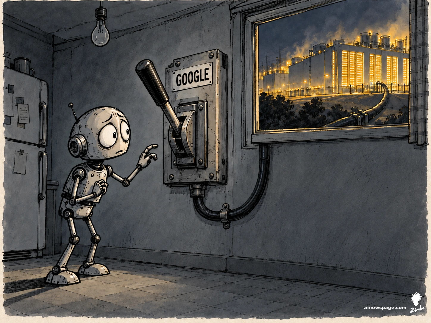 AI cartoon by Zimbo: Satirical cartoon: worried robot Merv timidly reaches for an oversized industrial lever labeled GOOGLE mounted where his light switch should be, while his own ceiling bulb hangs dark and a blazing Google data center hogs all the light through his window.