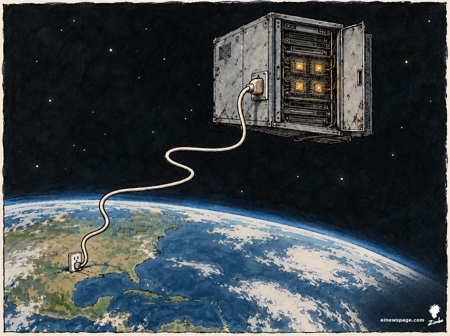Satirical cartoon: a server rack with four glowing chips floats in orbit above Earth, tethered by an absurdly long extension cord plugged into a wall socket on the planet's surface.