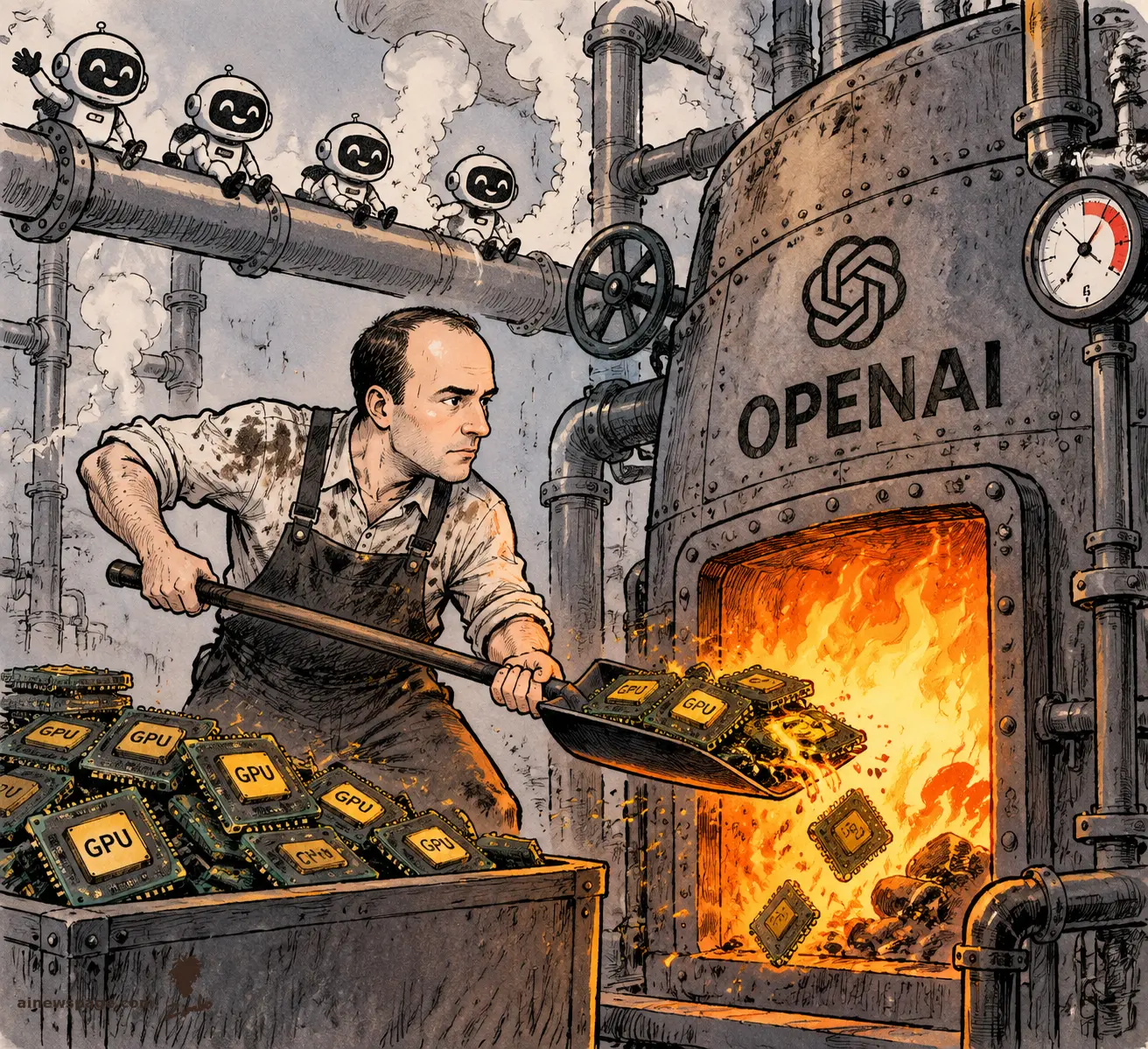 AI cartoon by Zimbo: Satirical cartoon: OpenAI co-founder Greg Brockman, in a sooty boiler-room apron, shovels glowing GPU chips into a giant riveted OPENAI furnace; tiny cheerful robots watch from an overhead pipe.