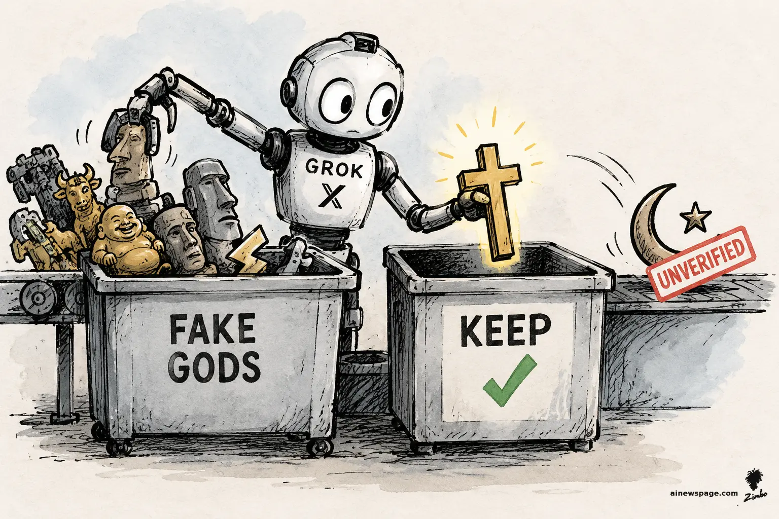 AI cartoon by Zimbo: Satirical cartoon: a 'GROK X' robot sorts religious symbols — dumping idol statues into a 'FAKE GODS' bin, reverently placing a glowing gold cross into a 'KEEP' bin with a green checkmark, while a crescent moon and star lie stamped red 'UNVERIFIED.'
