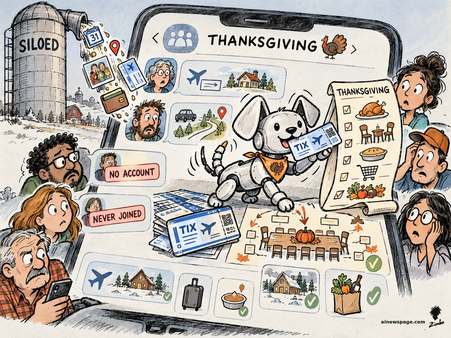 Satirical cartoon: a cheerful robot dog bursts from a giant phone's Thanksgiving group chat waving booked TIX, while a silo labeled SILOED spills photos, tickets and wallets into the thread and stamped friends marked NEVER JOINED and NO ACCOUNT watch in alarm.