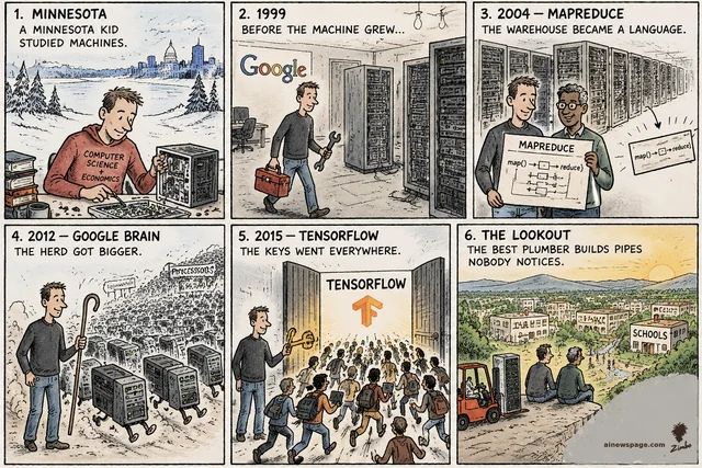 Six-panel Sunday strip: Jeff Dean as a Minnesota kid studying machines; joining Google in 1999 with a wrench; 2004 MapReduce with Sanjay Ghemawat; 2012 Google Brain herding a stampede of processors; 2015 TensorFlow handing gold keys to a crowd; the lookout finale over a valley of labs and schools.
