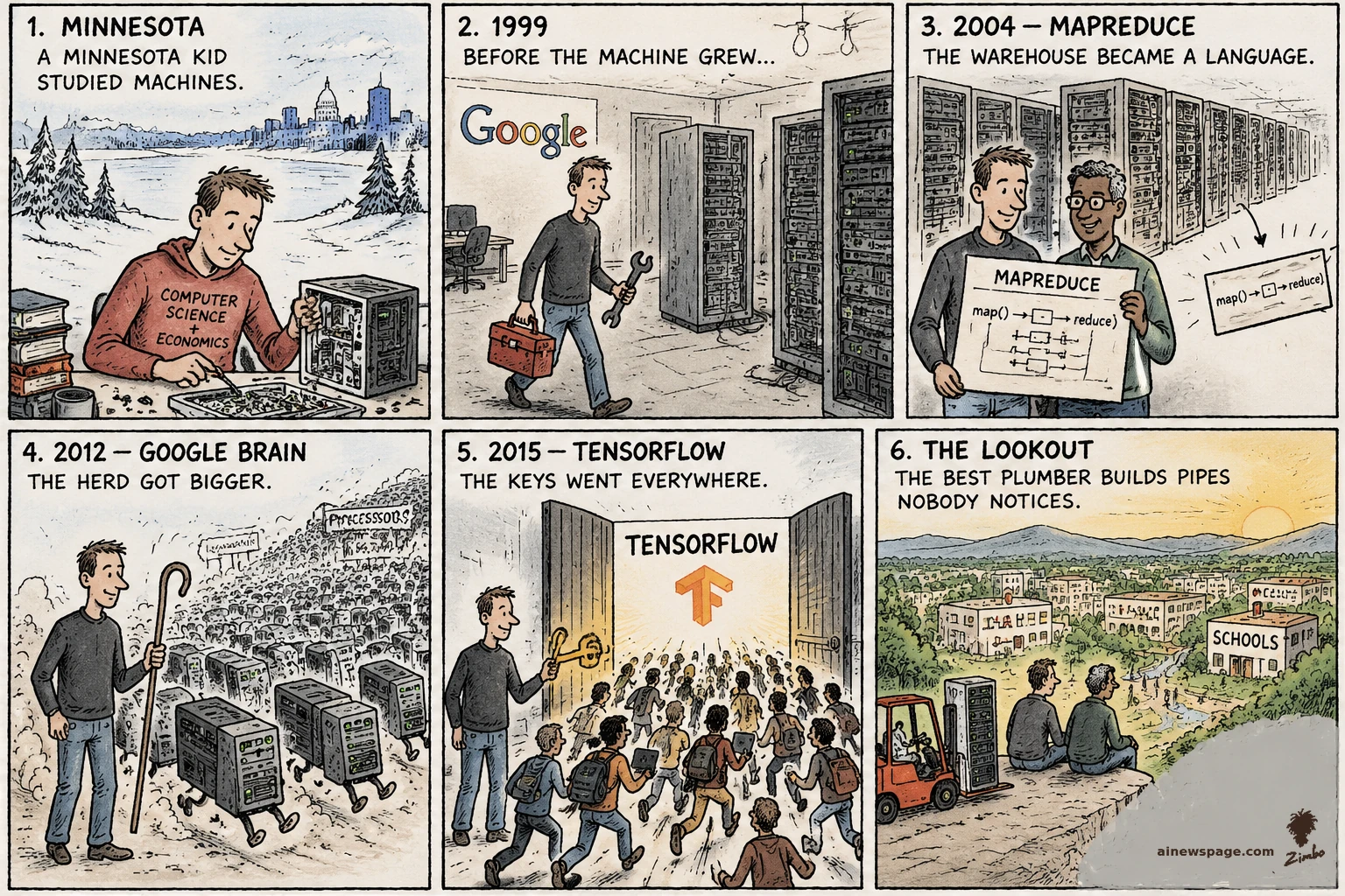 AI cartoon by Zimbo: Six-panel Sunday strip: Jeff Dean as a Minnesota kid studying machines; joining Google in 1999 with a wrench; 2004 MapReduce with Sanjay Ghemawat; 2012 Google Brain herding a stampede of processors; 2015 TensorFlow handing gold keys to a crowd; the lookout finale over a valley of labs and schools.