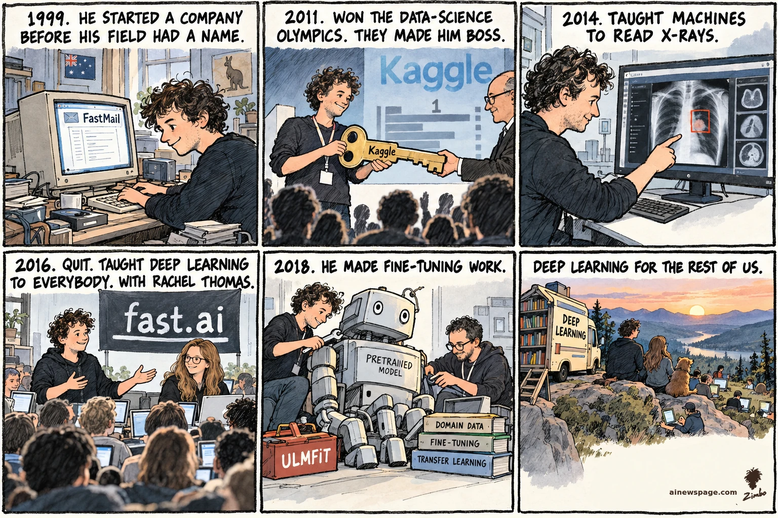 AI cartoon by Zimbo: Six-panel strip: Jeremy Howard at a 90s PC starting FastMail; wins Kaggle and gets the keys; points at an X-ray for Enlitic; teaches a packed fast.ai class with Rachel Thomas; tunes a PRETRAINED MODEL robot for ULMFiT; bookmobile lookout finale: DEEP LEARNING FOR THE REST OF US.