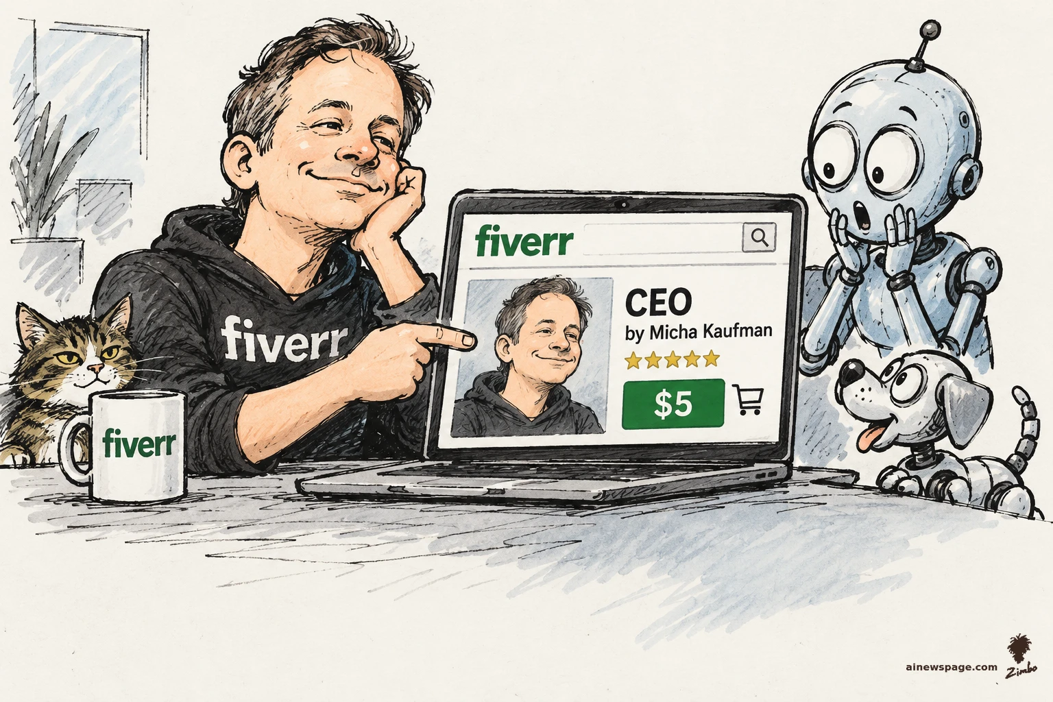 AI cartoon by Zimbo: Satirical cartoon: smiling Fiverr CEO Micha Kaufman points at a laptop showing his own Fiverr gig listing — 'CEO by Micha Kaufman, five stars, $5' — while a worried robot, a robot dog, and a tabby cat look on.