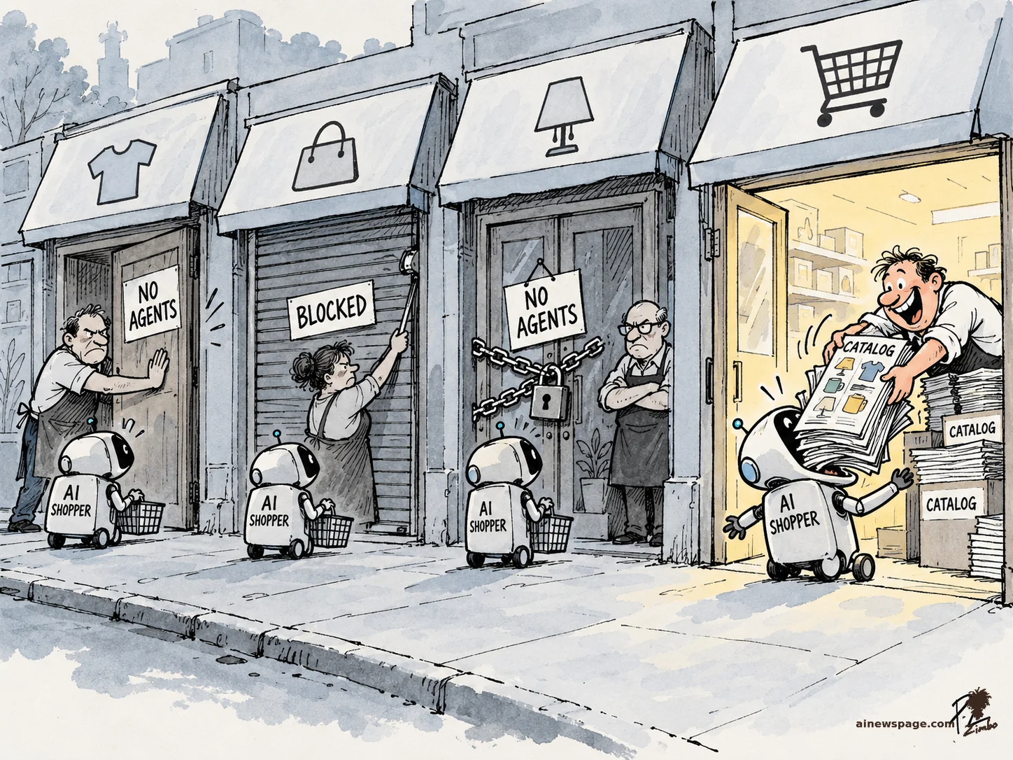Satirical cartoon: three storefronts slam their doors on cute AI SHOPPER robots with NO AGENTS signs while a gleeful shopkeeper shovels a stack of CATALOGs into a fourth robot's mouth.