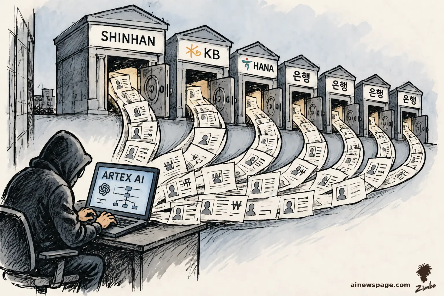 Ink-and-wash cartoon: a hooded hacker types at an ARTEX AI laptop as ribbons of customer-record papers gush from the vault doors of seven Korean banks labeled SHINHAN, KB, and HANA.