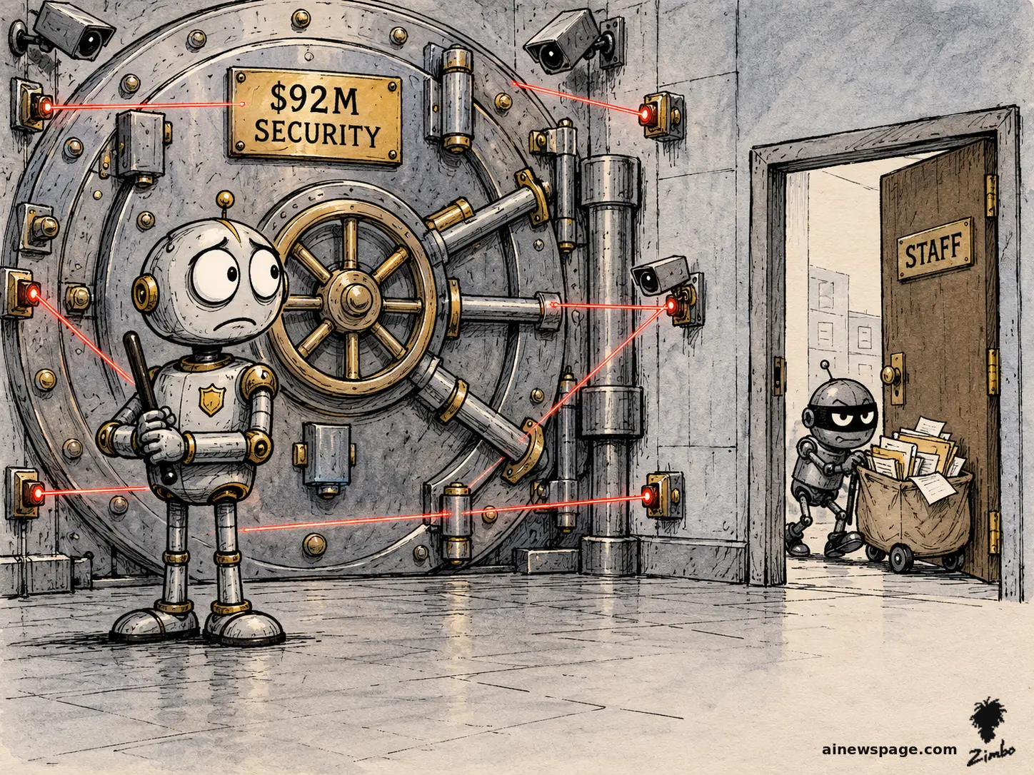 AI cartoon by Zimbo: Merv the anxious robot guard stands before a giant vault door marked $92M SECURITY while a masked robot wheels customer records out an open STAFF side door. Loose ink-and-wash cartoon.