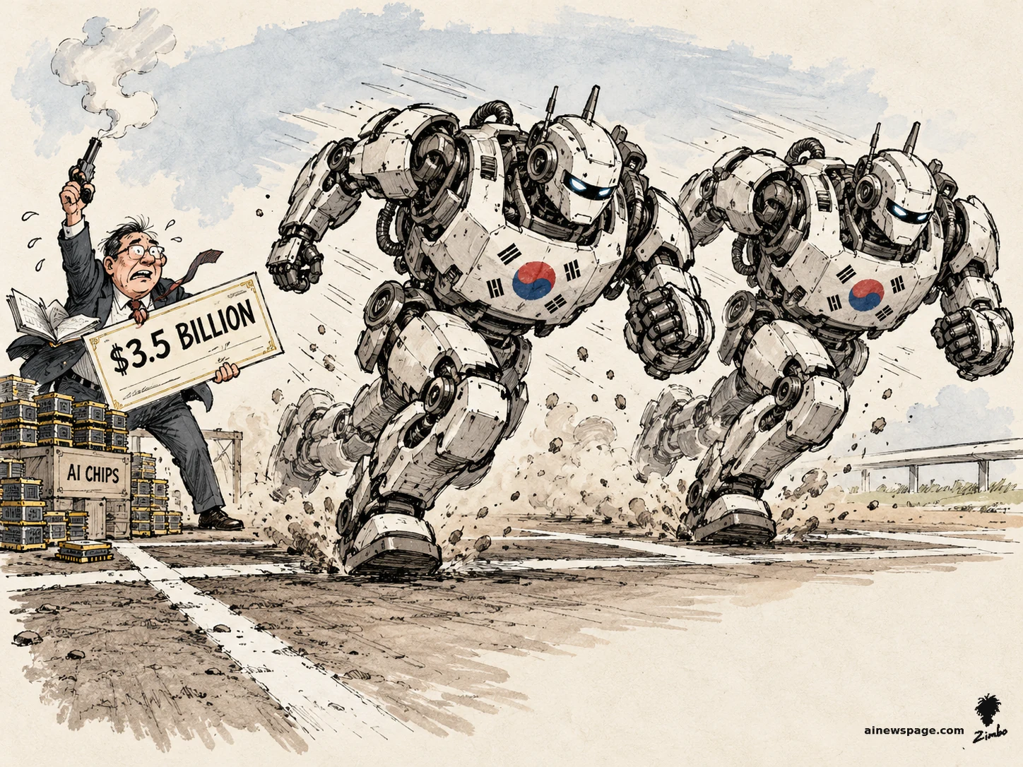 AI cartoon by Zimbo: Satirical cartoon: a Korean government official fires a starting pistol while clutching a giant '$3.5 BILLION' check beside an 'AI CHIPS' stockpile, as two identical Korean-flagged robots sprint neck-and-neck — the nation racing itself.