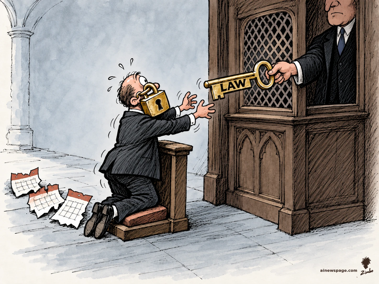 AI cartoon by Zimbo: A sweating corporate executive with a brass padlock clamped over his mouth kneels at a confession booth, eagerly reaching for a gold key labeled LAW extended through the grille by a robed official, with three torn calendar pages on the floor. Loose ink-and-wash cartoon.
