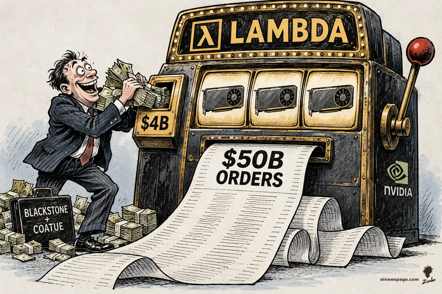 AI cartoon by Zimbo: Editorial cartoon: a grinning investor shovels cash into a LAMBDA slot machine's $4B coin slot while a giant $50B ORDERS receipt pours from the payout tray; three GPU chips line up as the jackpot, with a BLACKSTONE + COATUE briefcase at his feet.