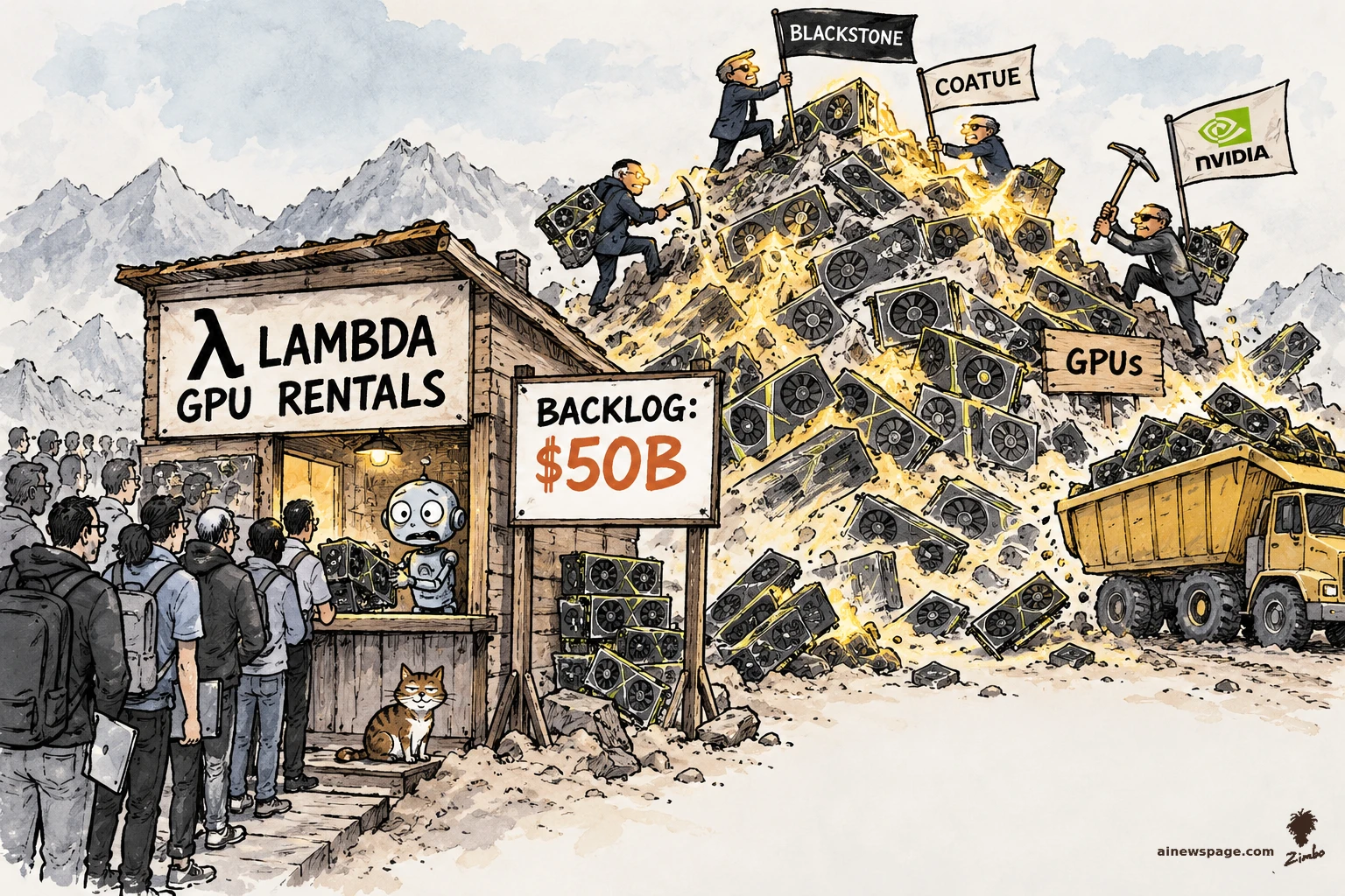 AI cartoon by Zimbo: Satirical cartoon: a ramshackle 'Lambda GPU Rentals' shack where a worried Merv robot serves a long customer line, next to a mountain of GPU chips being pickaxed by financiers under Blackstone, Coatue and Nvidia flags, with a 'Backlog: $50B' sign.