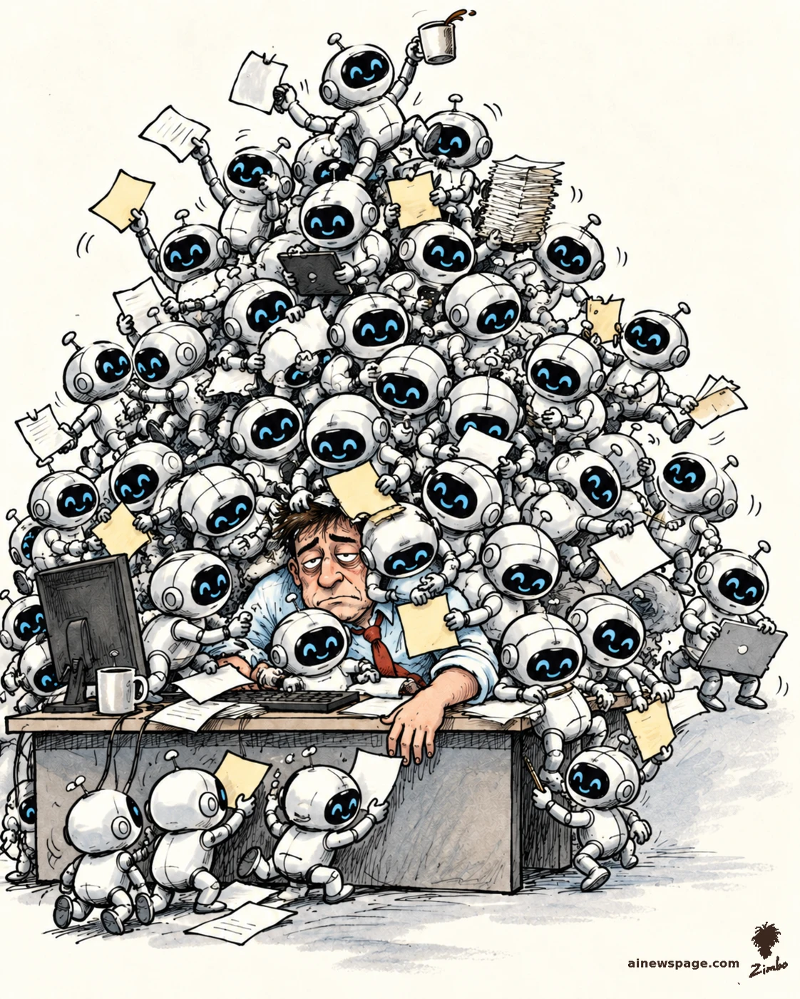 AI cartoon by Zimbo: Satirical cartoon: one exhausted office worker slumps at his desk, buried under a pyramid avalanche of dozens of tiny eager robot agents clutching papers, tablets, and coffee cups.