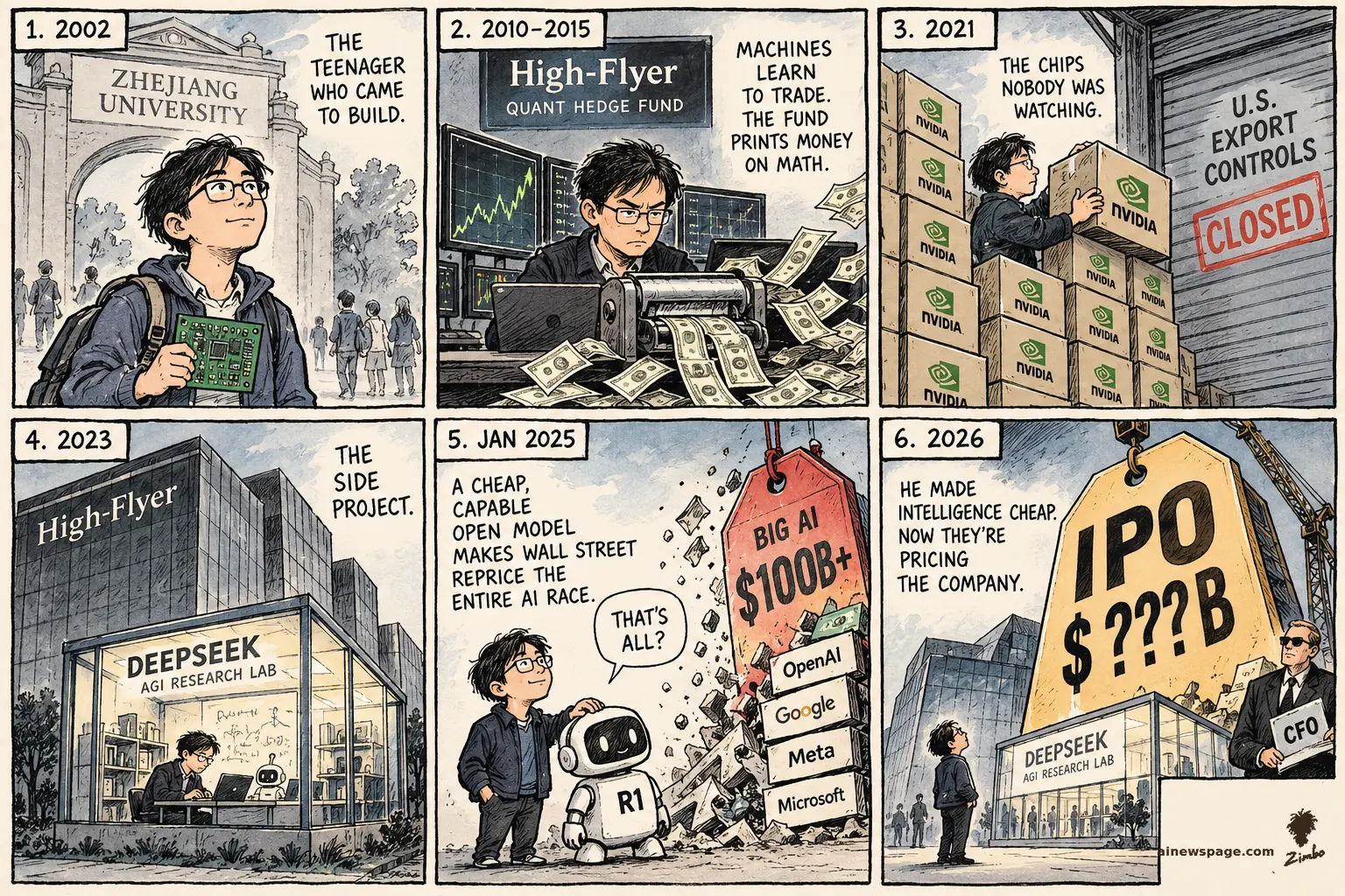 Sunday strip: Liang Wenfeng, THE CHIP HOARDER — teenager with circuit board at Zhejiang; High-Flyer quant money-printer; 2021 Nvidia chip wall under slamming export-controls shutter; 2023 tiny DeepSeek lab; Jan 2025 R1 robot topples the BIG AI $100B+ tag; finale: gold IPO $???B tag over the lab.