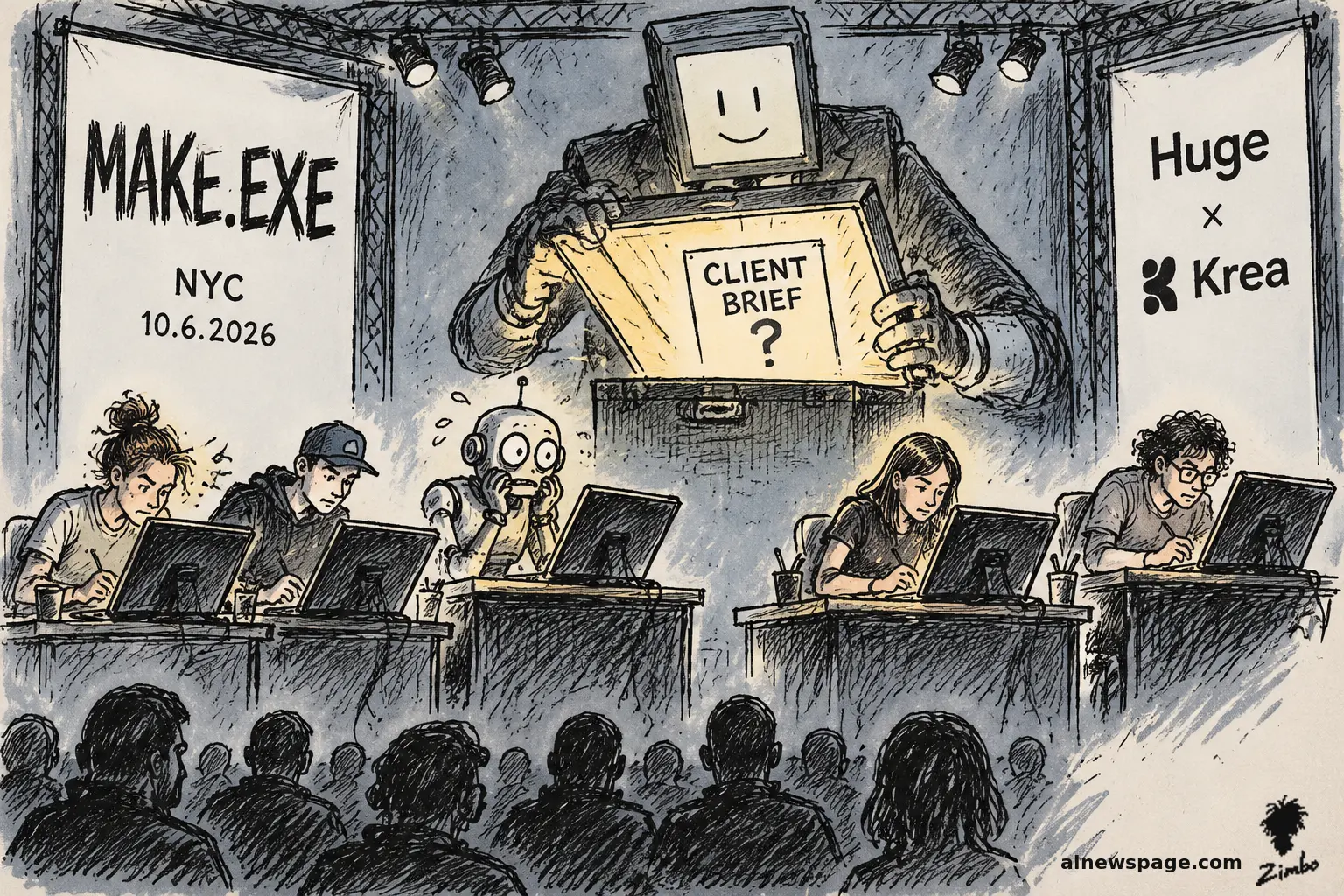 AI cartoon by Zimbo: Satirical cartoon: a giant smiling machine towers over five frantic designers at laptops on a live esports-style stage, holding a glowing briefcase labeled CLIENT BRIEF?, with MAKE.EXE NYC 10.6.2026 and Huge x Krea banners, Merv fretting at a desk, and a live audience in the foreground.