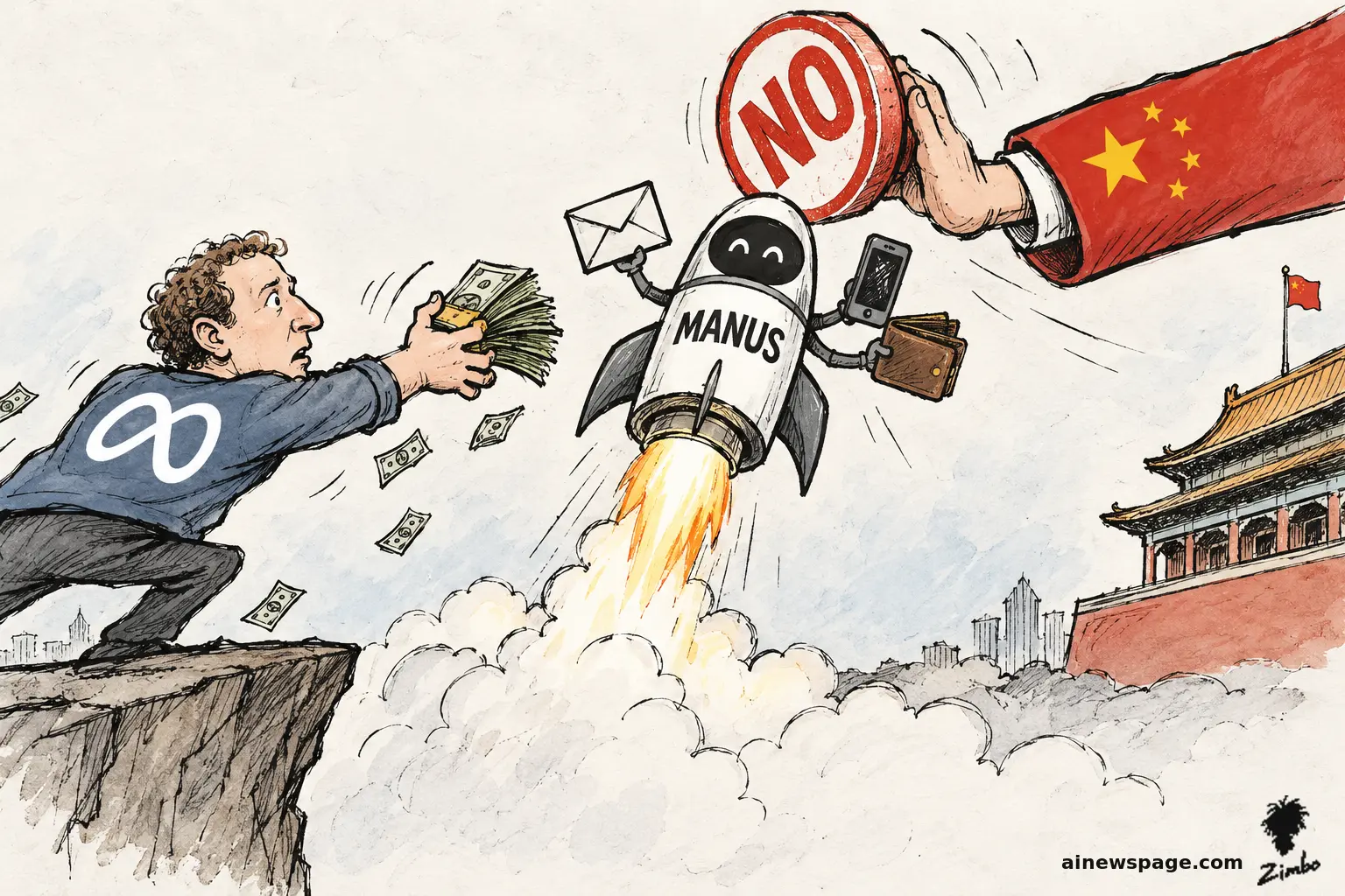 A Manus rocket launches away from a Meta figure offering cash while a giant Chinese-flag-sleeved hand stamps a red NO over it. Loose ink-and-wash cartoon.