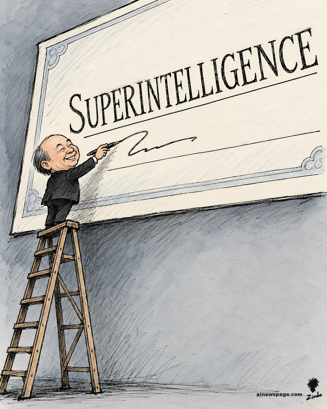 AI cartoon by Zimbo: Satirical cartoon: a tiny grinning Masayoshi Son stands on a tall ladder signing a gigantic check labeled SUPERINTELLIGENCE, the check's edges vanishing beyond the frame.