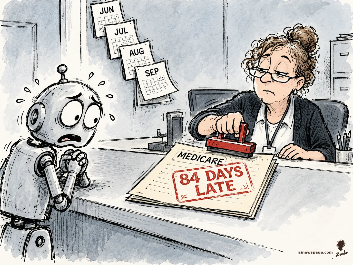 AI cartoon by Zimbo: Satirical cartoon: anxious robot Merv wrings his hands at a government Medicare desk while a clerk rubber-stamps his file '84 DAYS LATE' in red; calendar pages JUN, JUL, AUG, SEP hang behind.