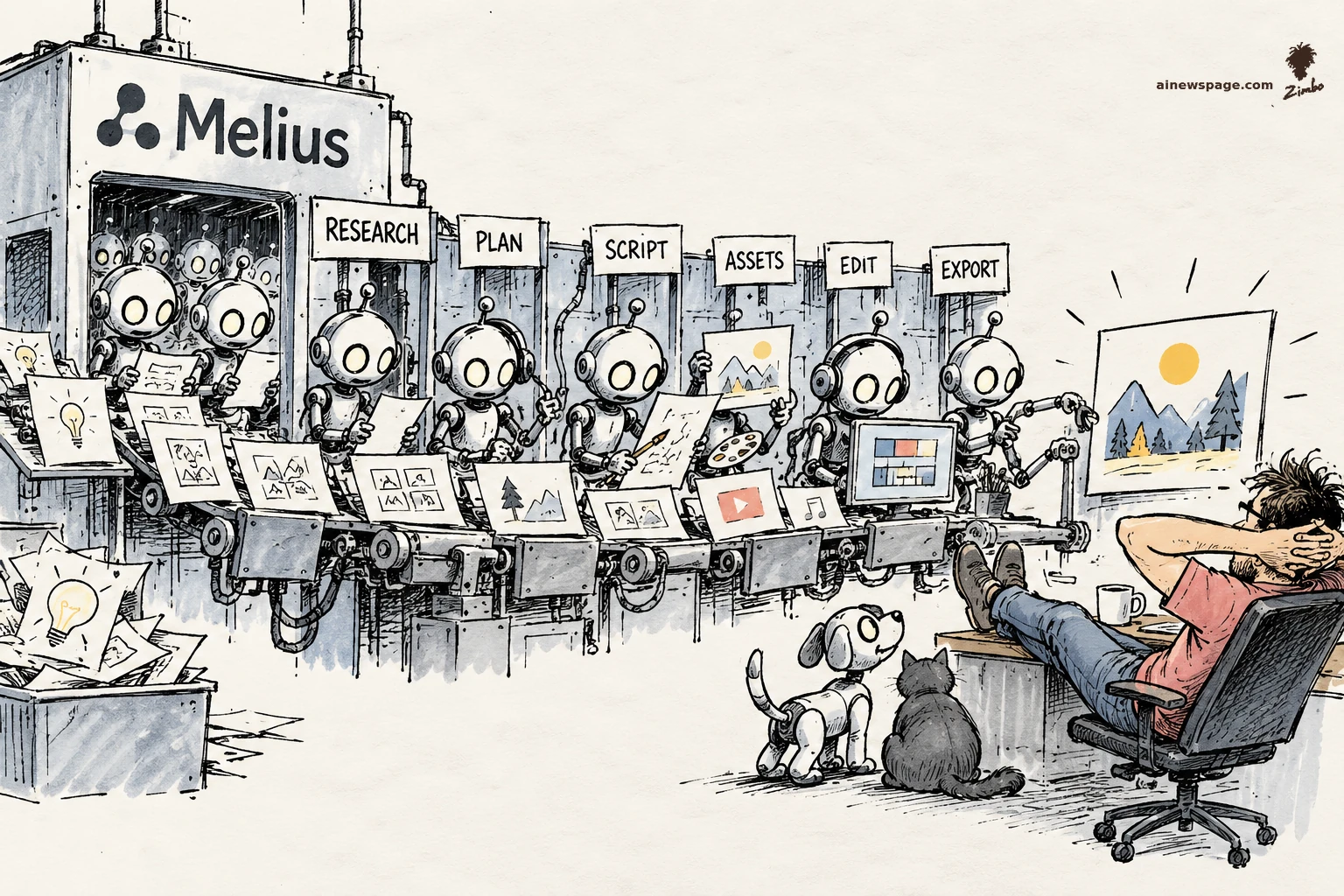 AI cartoon by Zimbo: Satirical cartoon: rows of robot agents run a Melius creative assembly line — RESEARCH, PLAN, SCRIPT, ASSETS, EDIT, EXPORT — while the human ‘freed to be creative’ naps with feet on the desk.