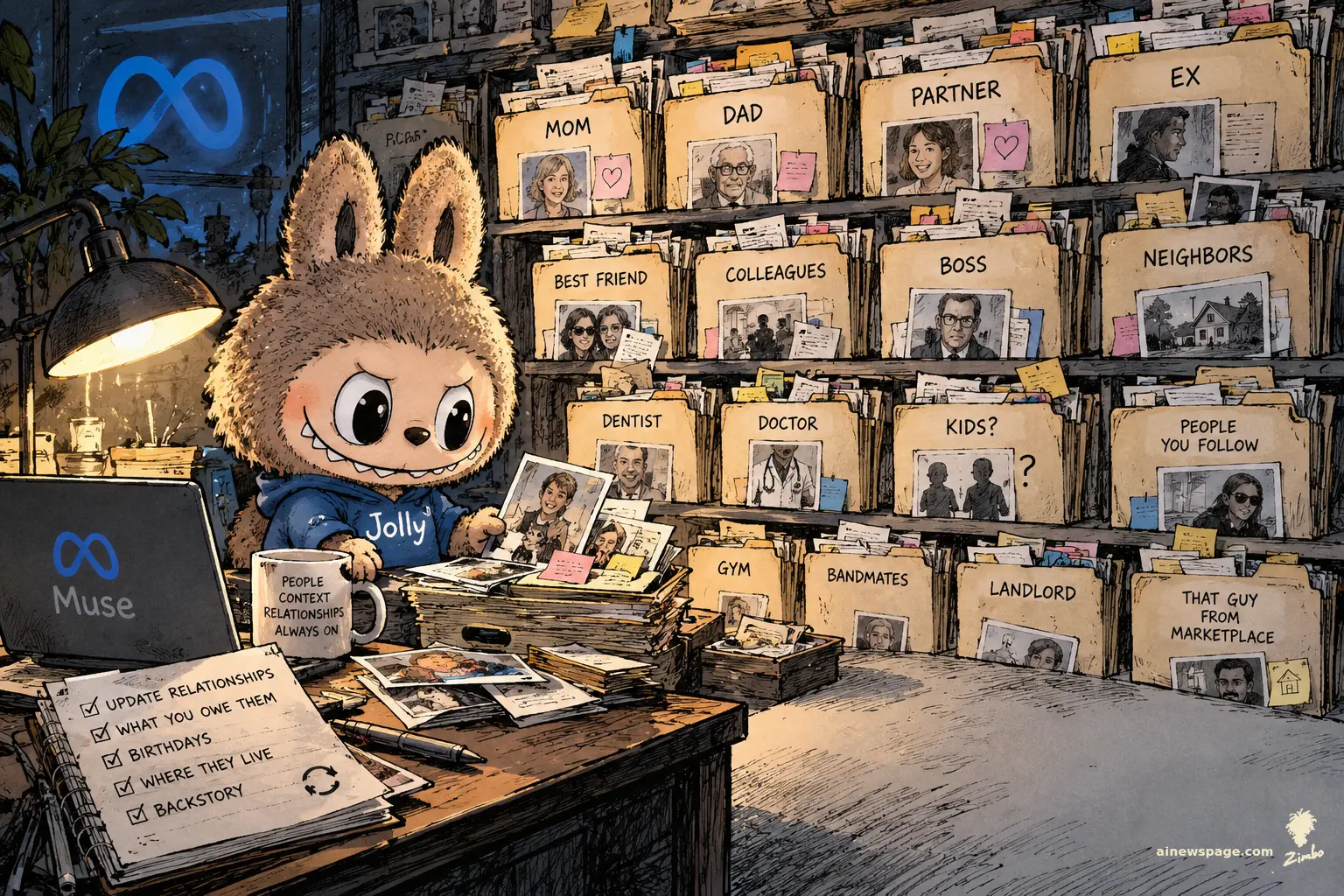 Editorial cartoon: Jolly, a cute bunny-eared toy mascot in a blue hoodie, cheerfully tends floor-to-ceiling dossier files labeled MOM, DAD, EX and BOSS at a lamplit archive desk, with a Muse laptop and a notebook checklist of birthdays and backstories.