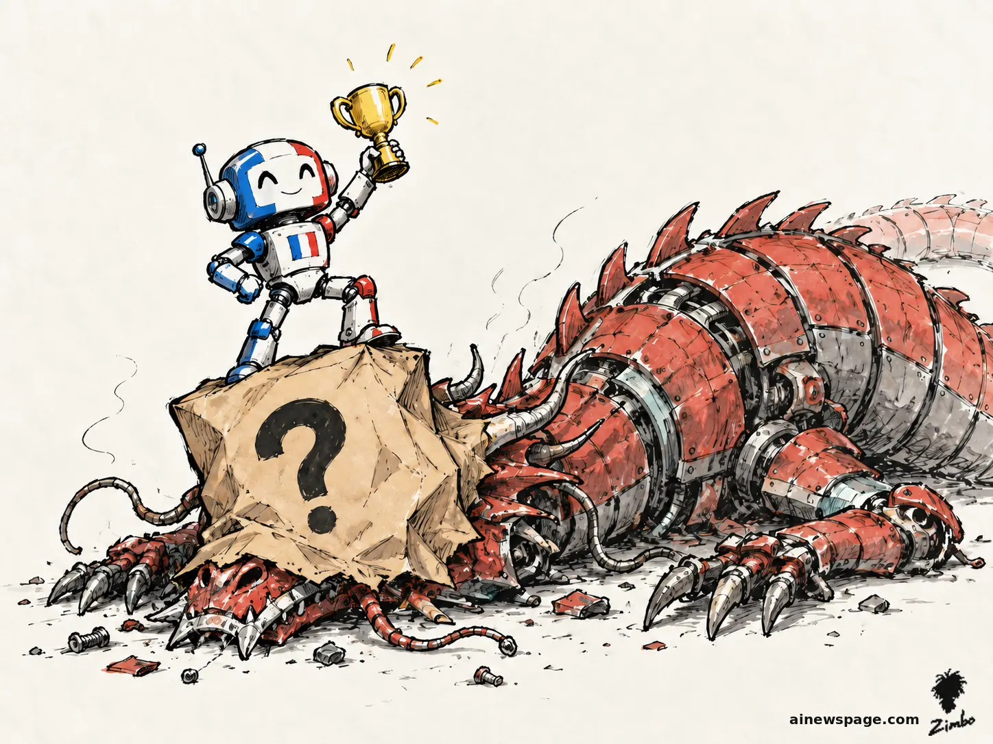 AI cartoon by Zimbo: A tiny French-tricolor robot raises a gold trophy atop a collapsed Chinese dragon robot whose head hides under a paper bag marked with a question mark. Loose ink-and-wash cartoon.