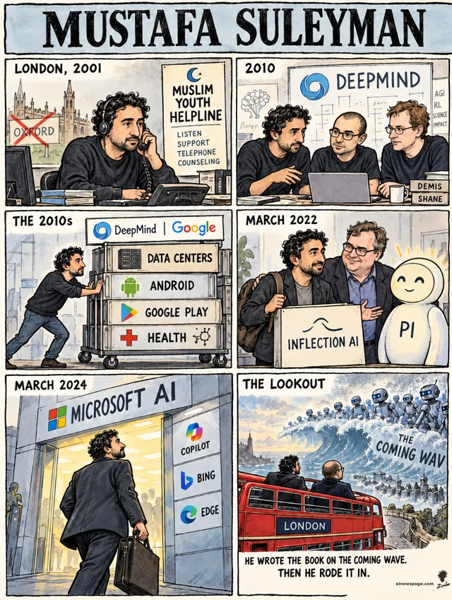 Six-panel strip: Suleyman answers phones at a youth helpline after Oxford (2001); co-founds DeepMind (2010); puts AI into data centers, Android, health; founds Inflection AI and Pi (2022); joins Microsoft AI (2024); finale — Suleyman and Hassabis on a red London bus gaze at a giant robot wave.