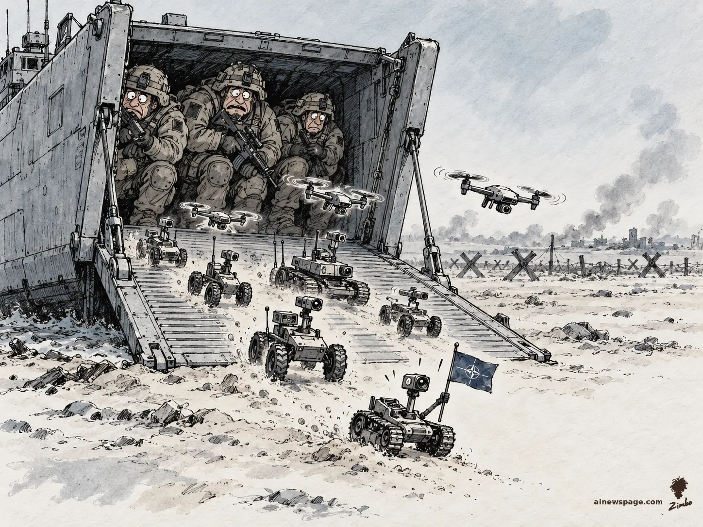 Satirical cartoon: three nervous NATO soldiers huddle inside a military landing craft while tiny wheeled robots and quadcopter drones pour out onto a bleak battlefield ahead of them, one small robot planting a NATO flag.