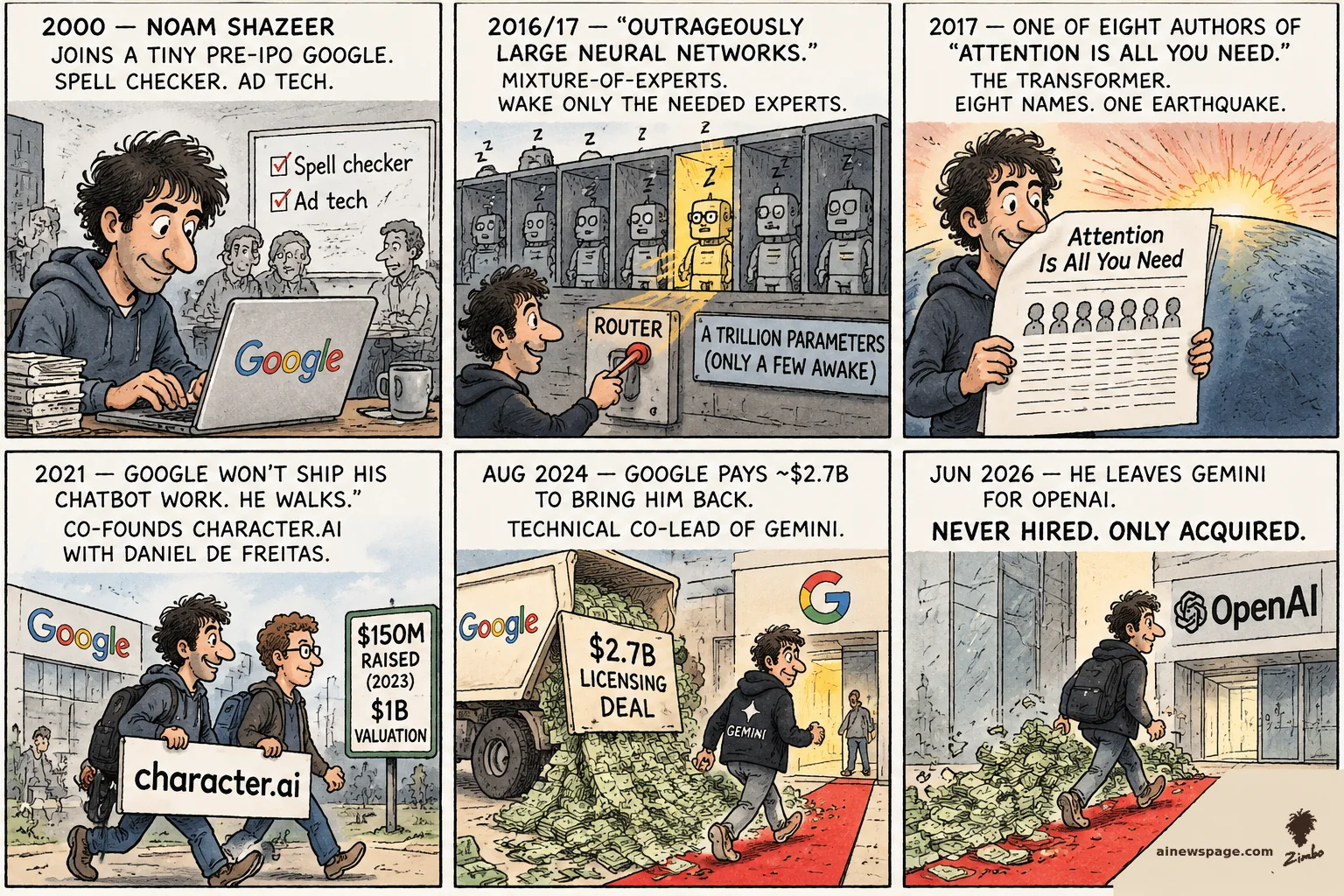 AI cartoon by Zimbo: Sunday strip: Noam Shazeer — 2000 pre-IPO Google spell checker; 2016/17 mixture-of-experts wakes one expert; 2017 'Attention Is All You Need'; 2021 walks out with De Freitas, character.ai $1B; Aug 2024 Google's $2.7B deal; Jun 2026 strides into OpenAI. Kicker: NEVER HIRED. ONLY ACQUIRED.