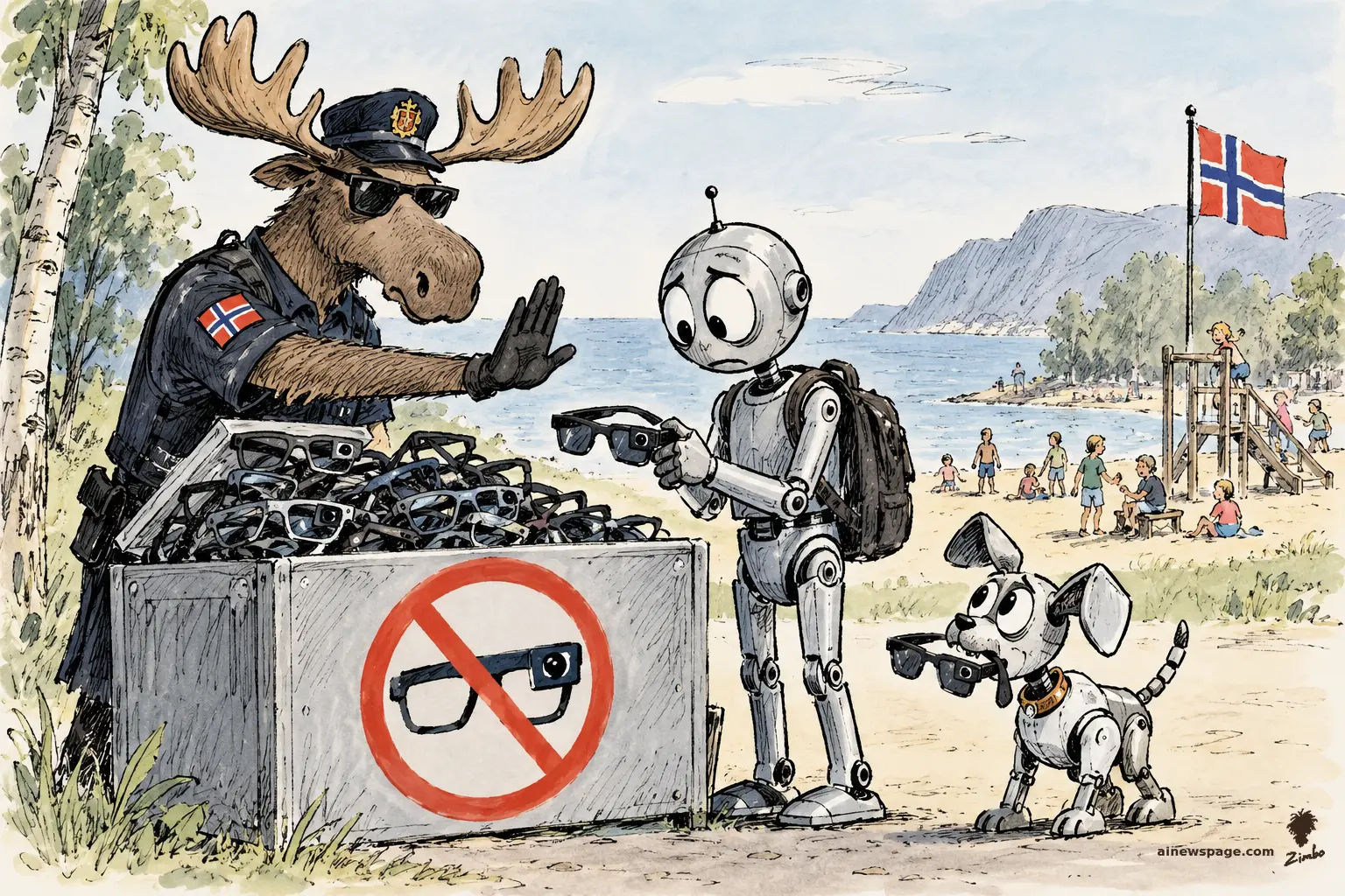 AI cartoon by Zimbo: Satirical cartoon: a moose in a Norwegian police uniform holds up a halt hand at a beach, dropping confiscated camera-equipped smart glasses into an overflowing bin marked with a red no-glasses symbol, as a sad robot tourist and a robot dog surrender theirs.