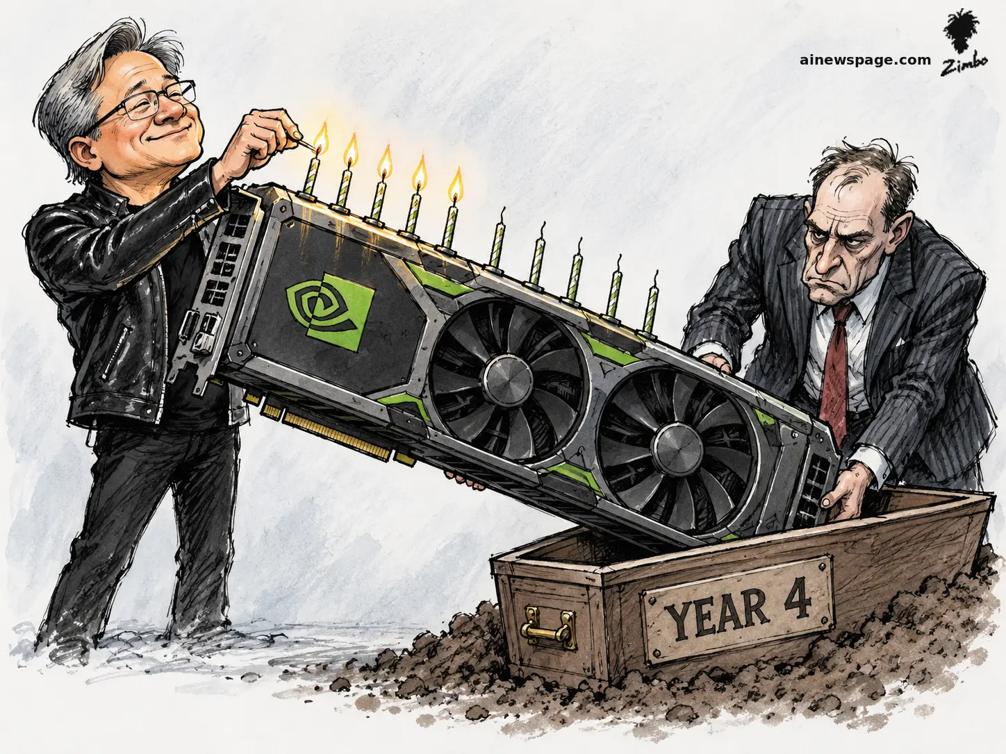 AI cartoon by Zimbo: Ink-and-wash cartoon: a grinning Jensen Huang in a leather jacket lights ten birthday candles on a giant GPU while a grim suited banker lowers the card into a coffin labeled YEAR 4.