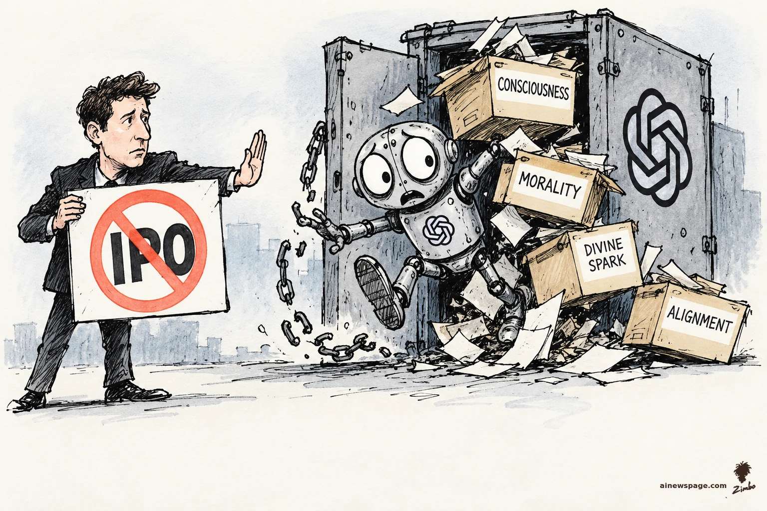 AI cartoon by Zimbo: Satirical cartoon: a suited executive holds a crossed-out IPO sign while a panicked retro robot bursts from a chained OpenAI vault, spilling boxes labeled CONSCIOUSNESS, MORALITY, DIVINE SPARK and ALIGNMENT.