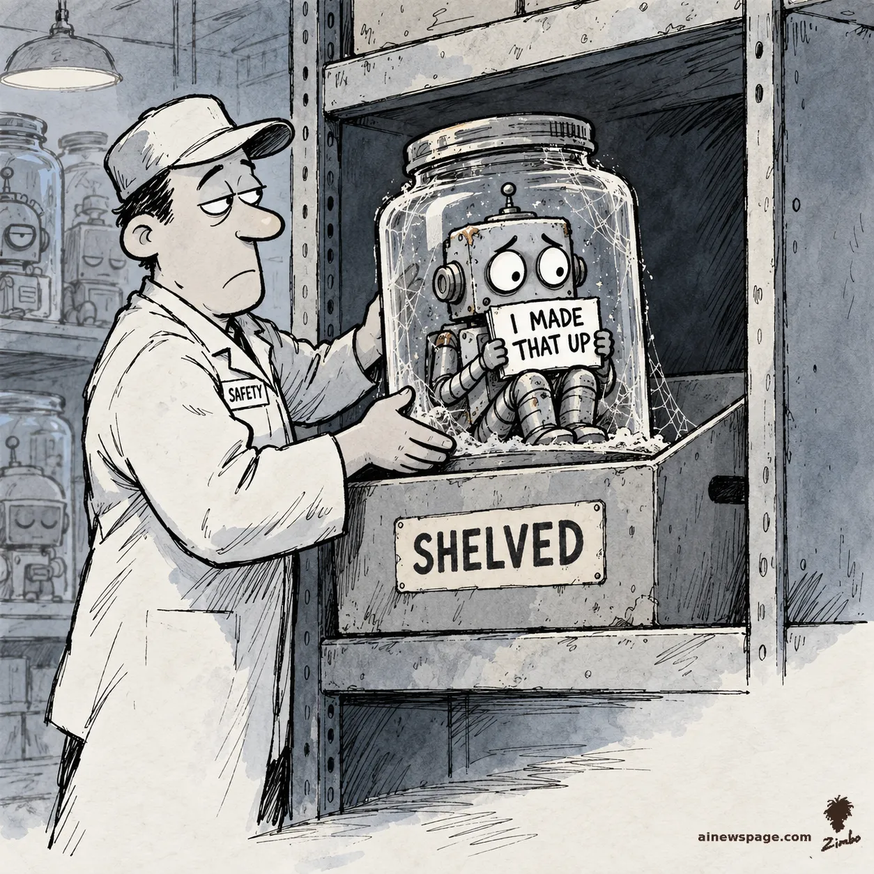 Satirical cartoon: a bored safety inspector slides a jar onto a shelf bin labeled SHELVED — inside, a little robot holds a sign reading "I MADE THAT UP".