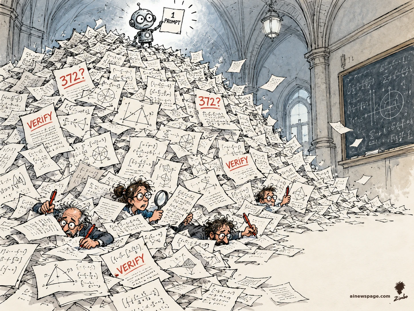 AI cartoon by Zimbo: Satirical cartoon: Merv the anxious robot stands atop a towering mountain of proof papers in a university hall holding a slip reading '1 PROMPT', while mathematicians buried beneath examine pages with magnifying glasses, red pens and stamps; pages marked '372?' and 'VERIFY'.