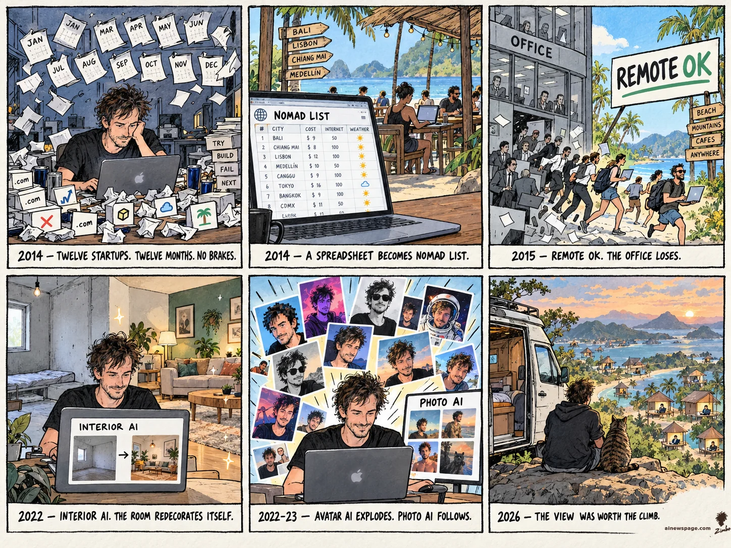 AI cartoon by Zimbo: Six-panel strip: Pieter Levels does twelve startups in twelve months (2014), turns a spreadsheet into Nomad List, bets remote with Remote OK, duct-tapes AI into Interior AI, Photo AI (2022-23), then a mountain lookout with a tabby cat over solo builders' huts. 2026: THE VIEW WAS WORTH THE CLIMB.