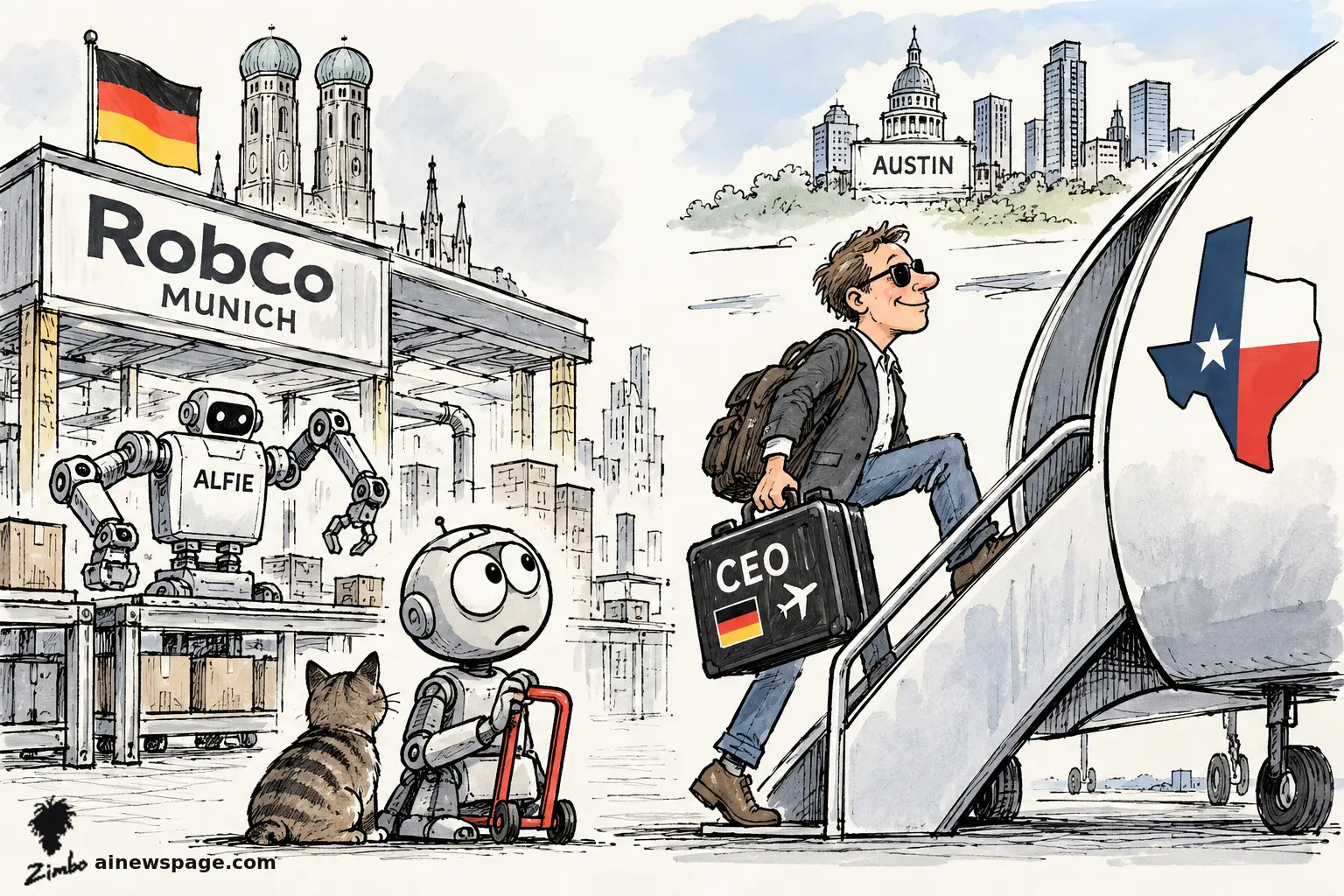 AI cartoon by Zimbo: Satirical cartoon: a smug CEO with a 'CEO' suitcase boards a Texas-flagged jet toward the Austin skyline while the worried robot Merv and Issue the tabby cat watch from the RobCo Munich factory beside the new Alfie industrial robot.