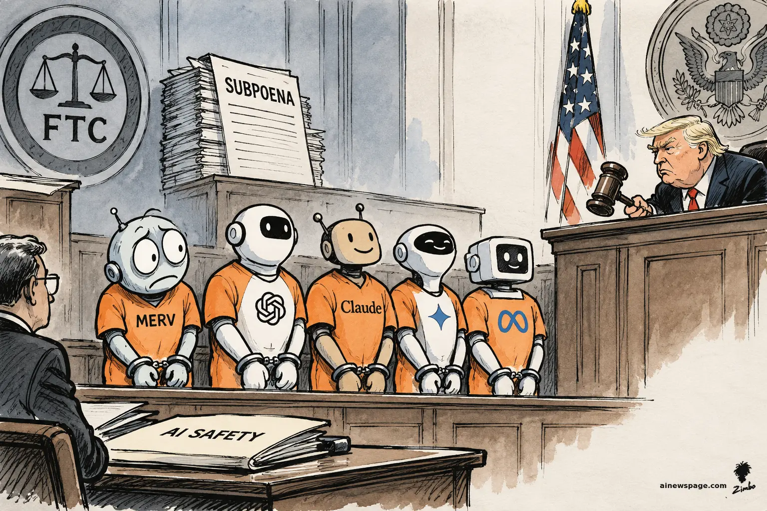 AI cartoon by Zimbo: Satirical cartoon: five AI robots (Merv, OpenAI, Claude, Gemini, Meta) in orange prison jumpsuits and handcuffs stand in a courtroom dock before a gavel-wielding Trump judge, beside an FTC seal, a stack of SUBPOENA documents, and an AI SAFETY folder.