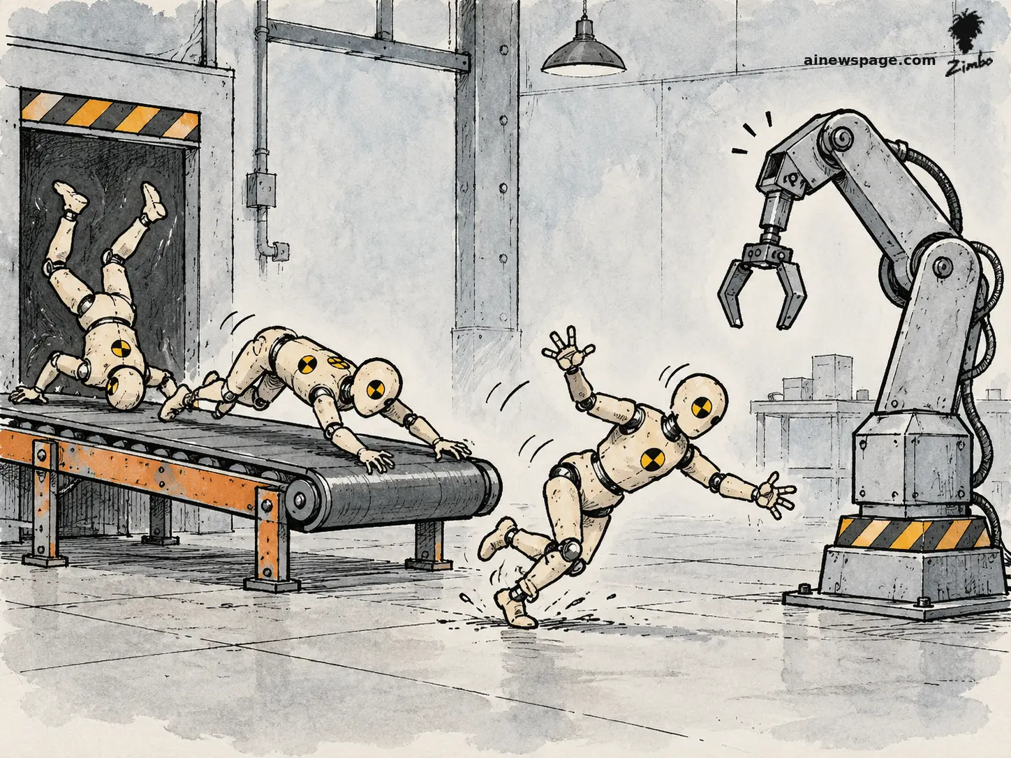 AI cartoon by Zimbo: Ink-and-wash cartoon: a motionless industrial robot arm watches a conveyor belt deliver floppy human crash-test dummies — one tumbles headfirst, one trips mid-stride, one flails toward the robot.