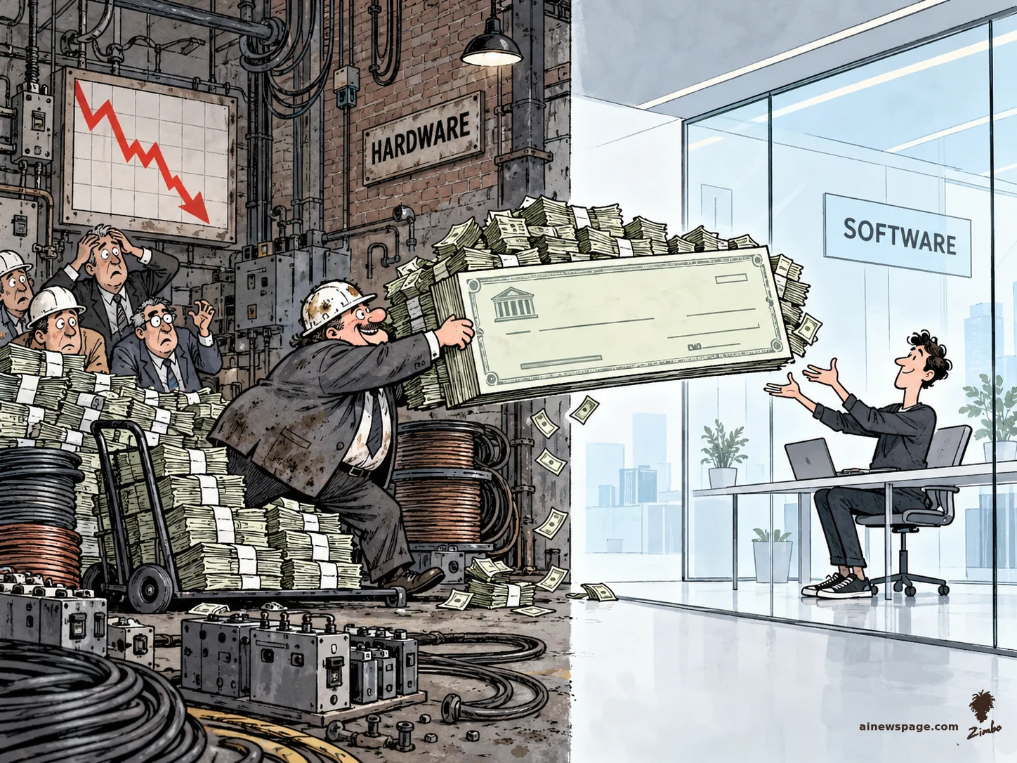 Satirical cartoon: a hard-hatted hardware-factory executive shoves a giant cash-built check into a sleek SOFTWARE office where a young developer receives it, while colleagues watch a falling red stock chart.